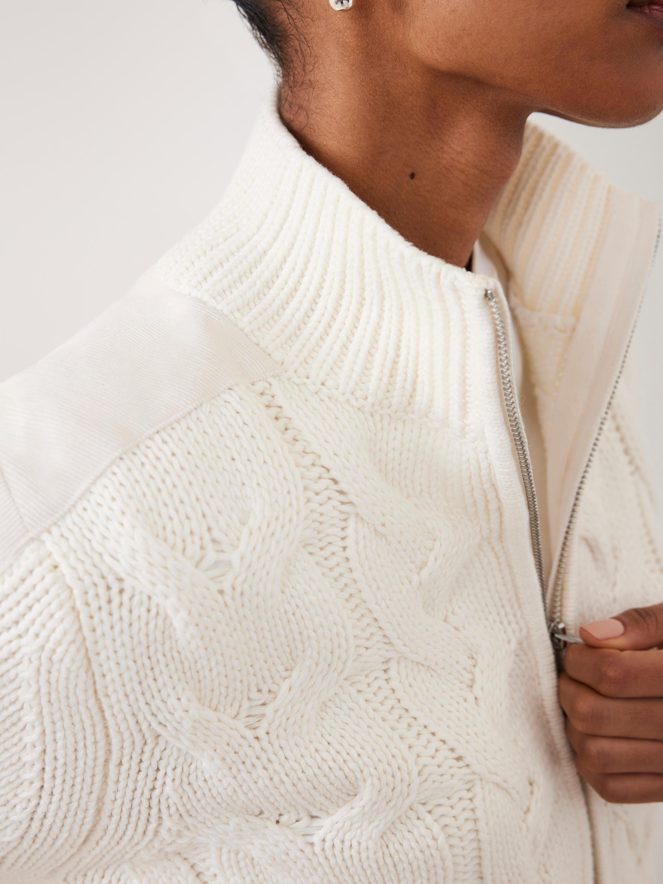 Product image 5 of 8, which shows Mint Velvet High Neck Cable Knit Jacket, White Ivory, M
