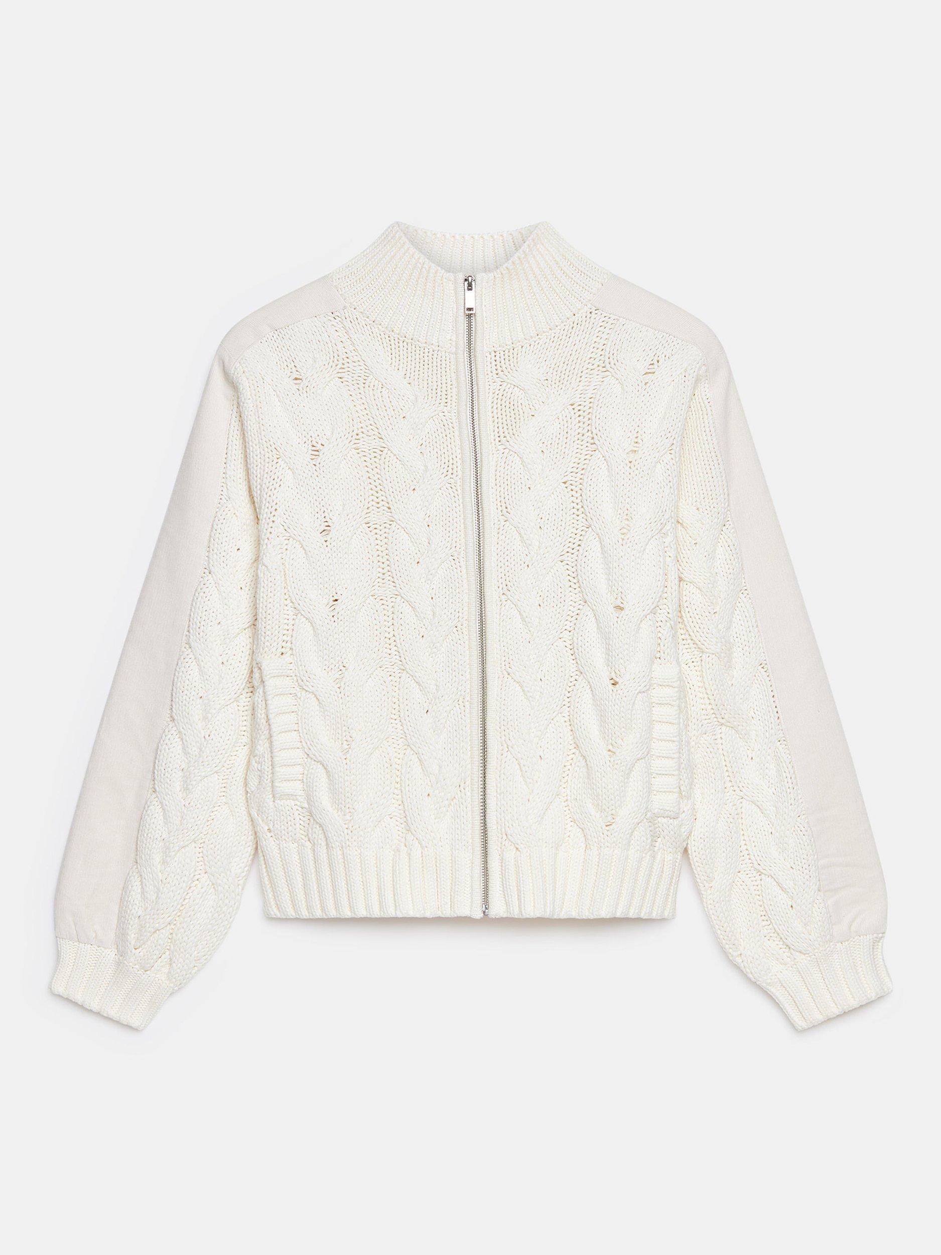 Product image 7 of 8, which shows Mint Velvet High Neck Cable Knit Jacket, White Ivory, M