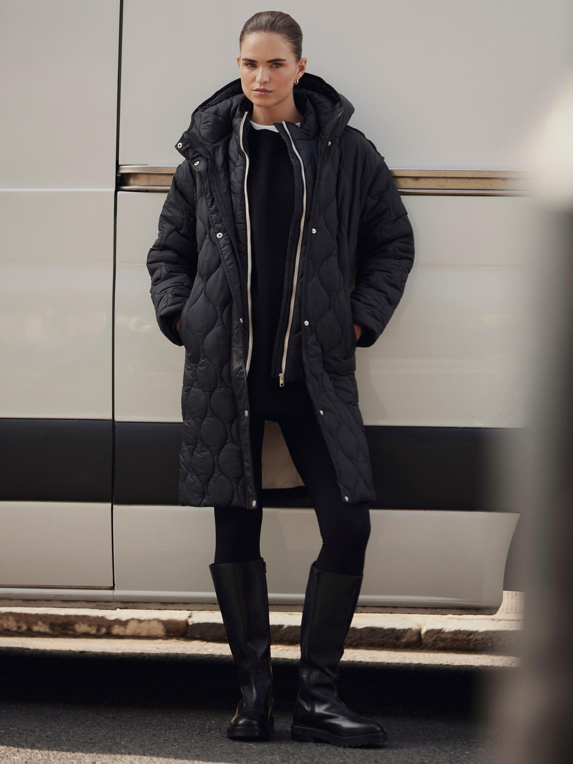 Product image 1 of 8, which shows Mint Velvet Double Layer Quilted Coat, Black, XS