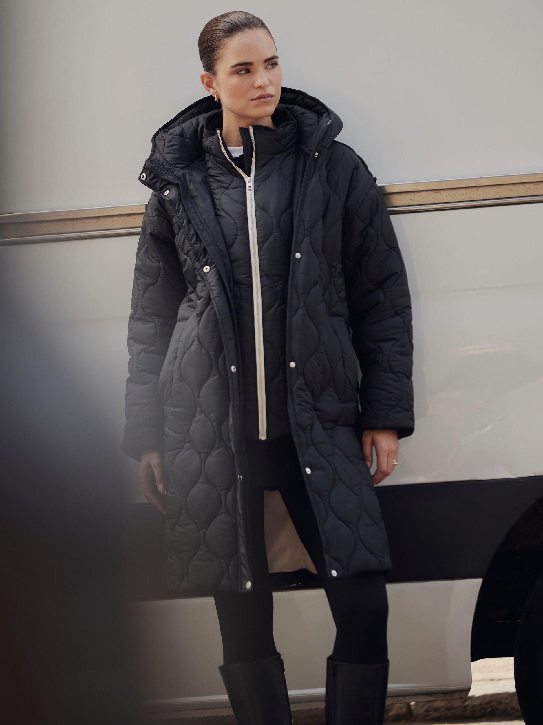 Product image 4 of 8, which shows Mint Velvet Double Layer Quilted Coat, Black, XS