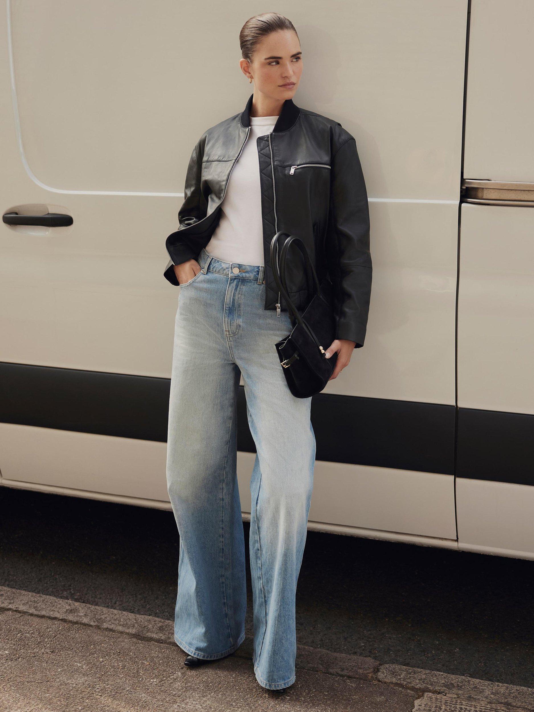 Product image 1 of 8, which shows Mint Velvet Leather Bomber Jacket, Black, XS