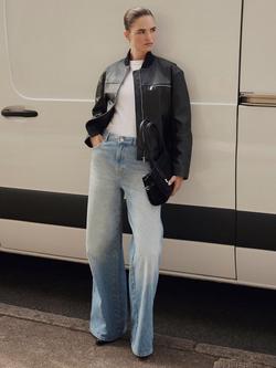 Mint Velvet Leather Bomber Jacket, Black, Black