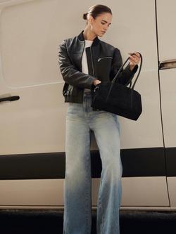 Mint Velvet Leather Bomber Jacket, Black - view 2, Black