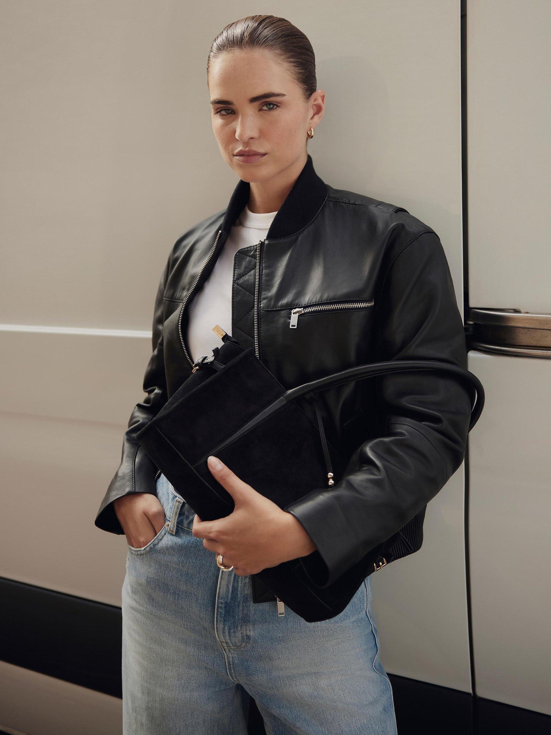 Product image 3 of 8, which shows Mint Velvet Leather Bomber Jacket, Black, XS