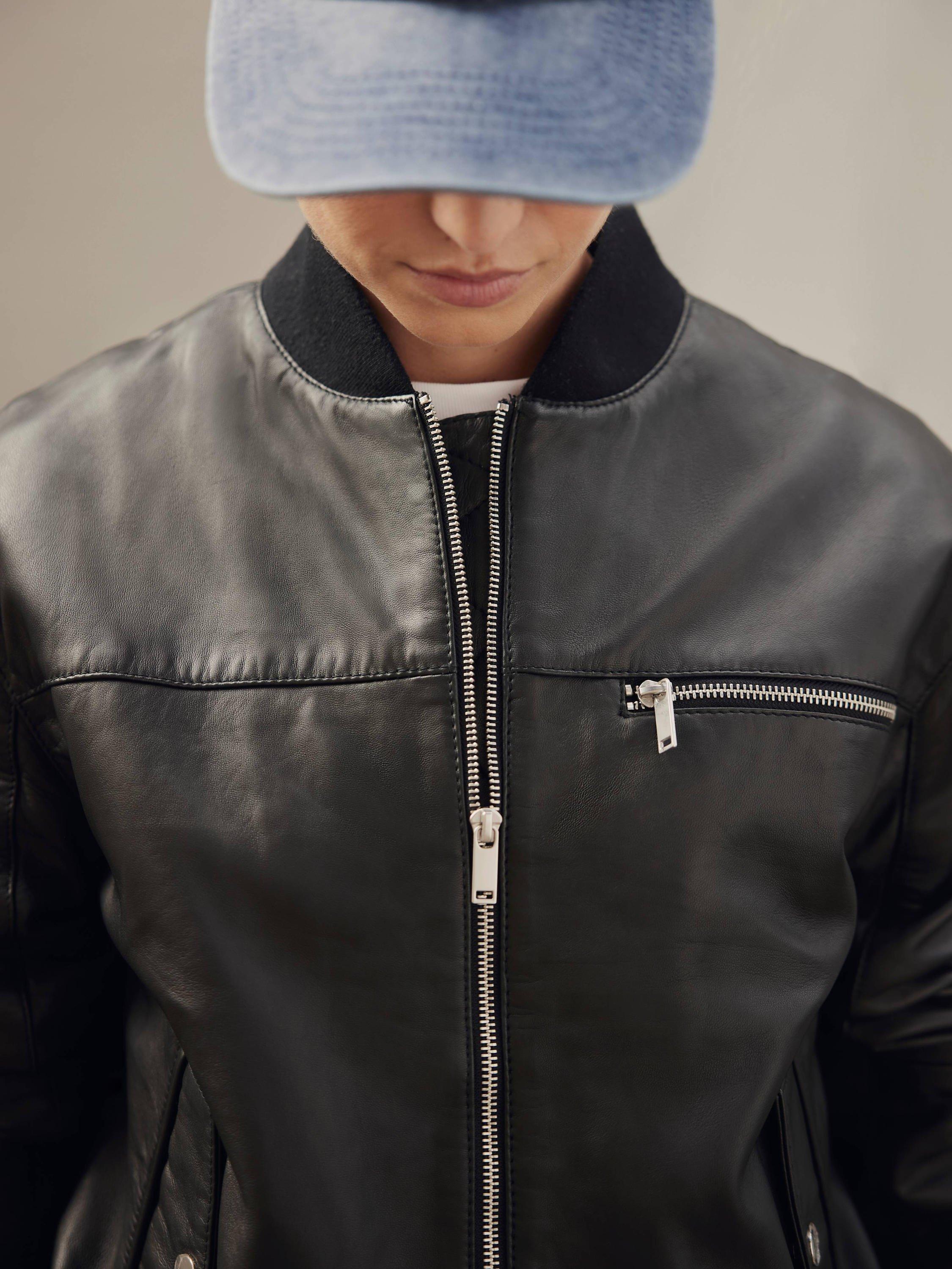 Product image 5 of 8, which shows Mint Velvet Leather Bomber Jacket, Black, XS