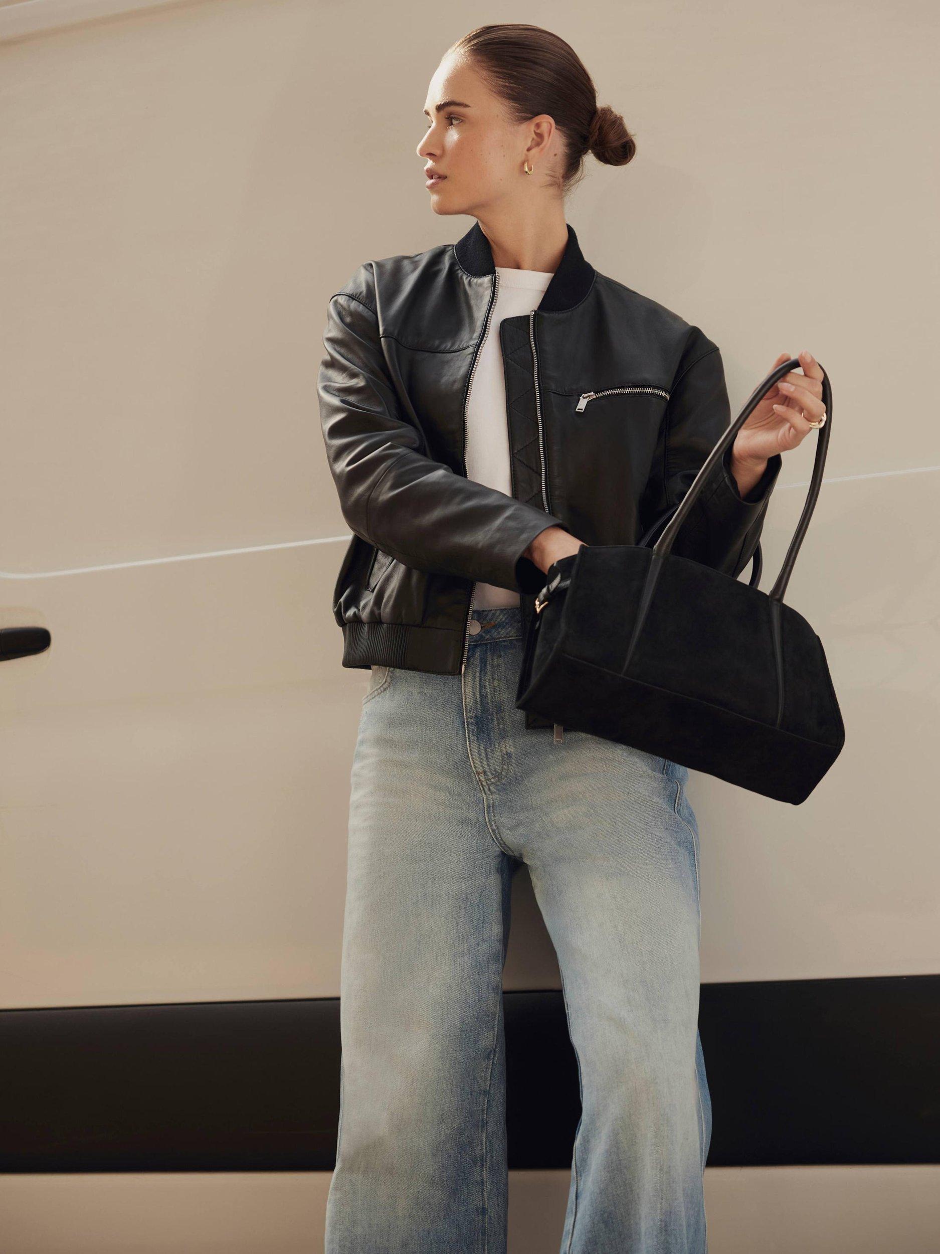 Product image 6 of 8, which shows Mint Velvet Leather Bomber Jacket, Black, XS