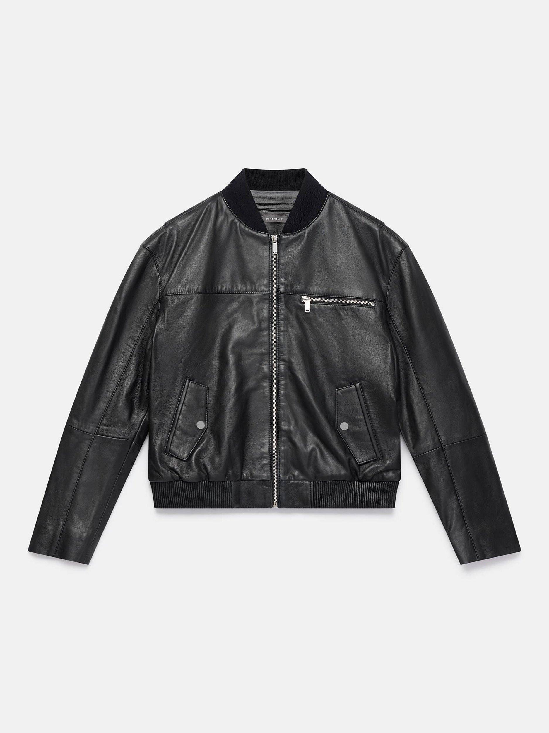 Product image 7 of 8, which shows Mint Velvet Leather Bomber Jacket, Black, XS