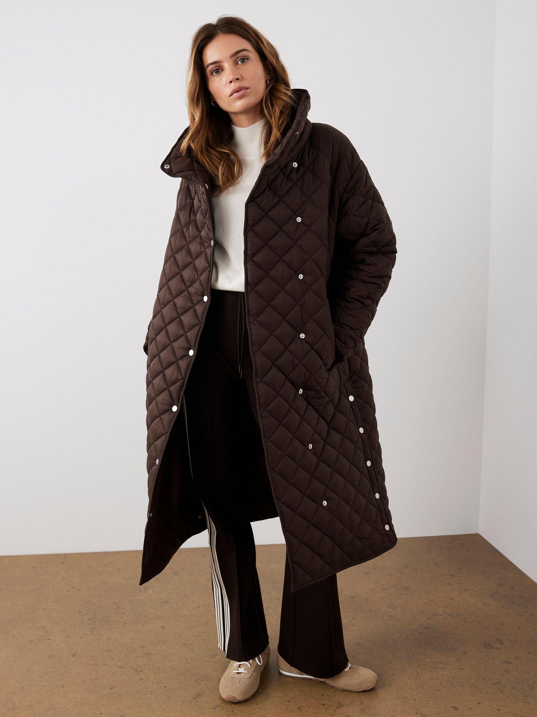 Product image 2 of 8, which shows Mint Velvet Quilted Funnel Neck Coat, Brown, L