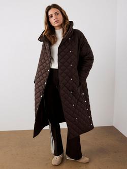 Mint Velvet Quilted Funnel Neck Coat, Brown - view 2, Brown