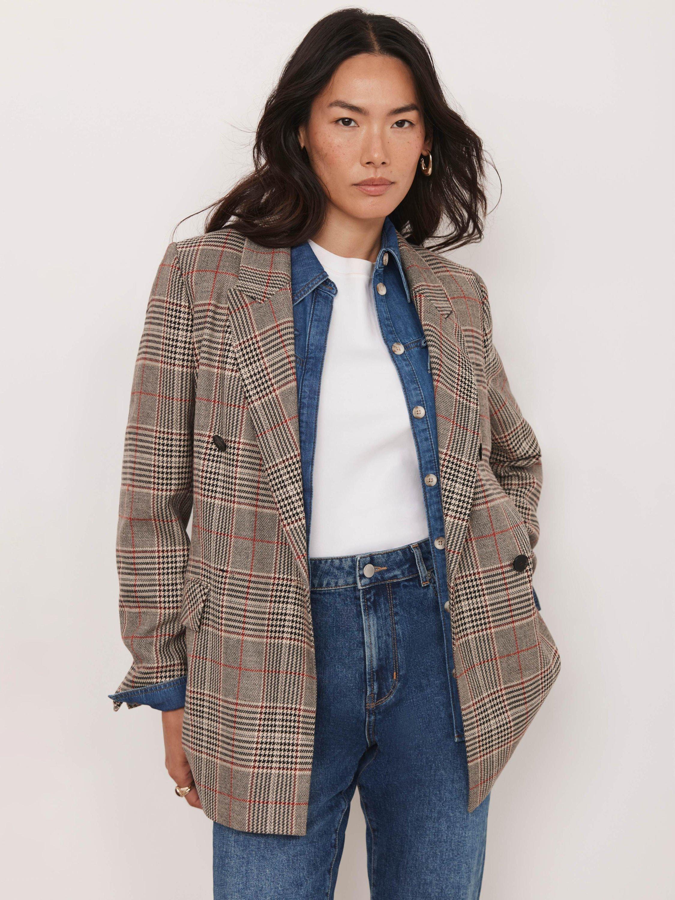 Mint Velvet Check Double Breasted Blazer, Natural/Multi