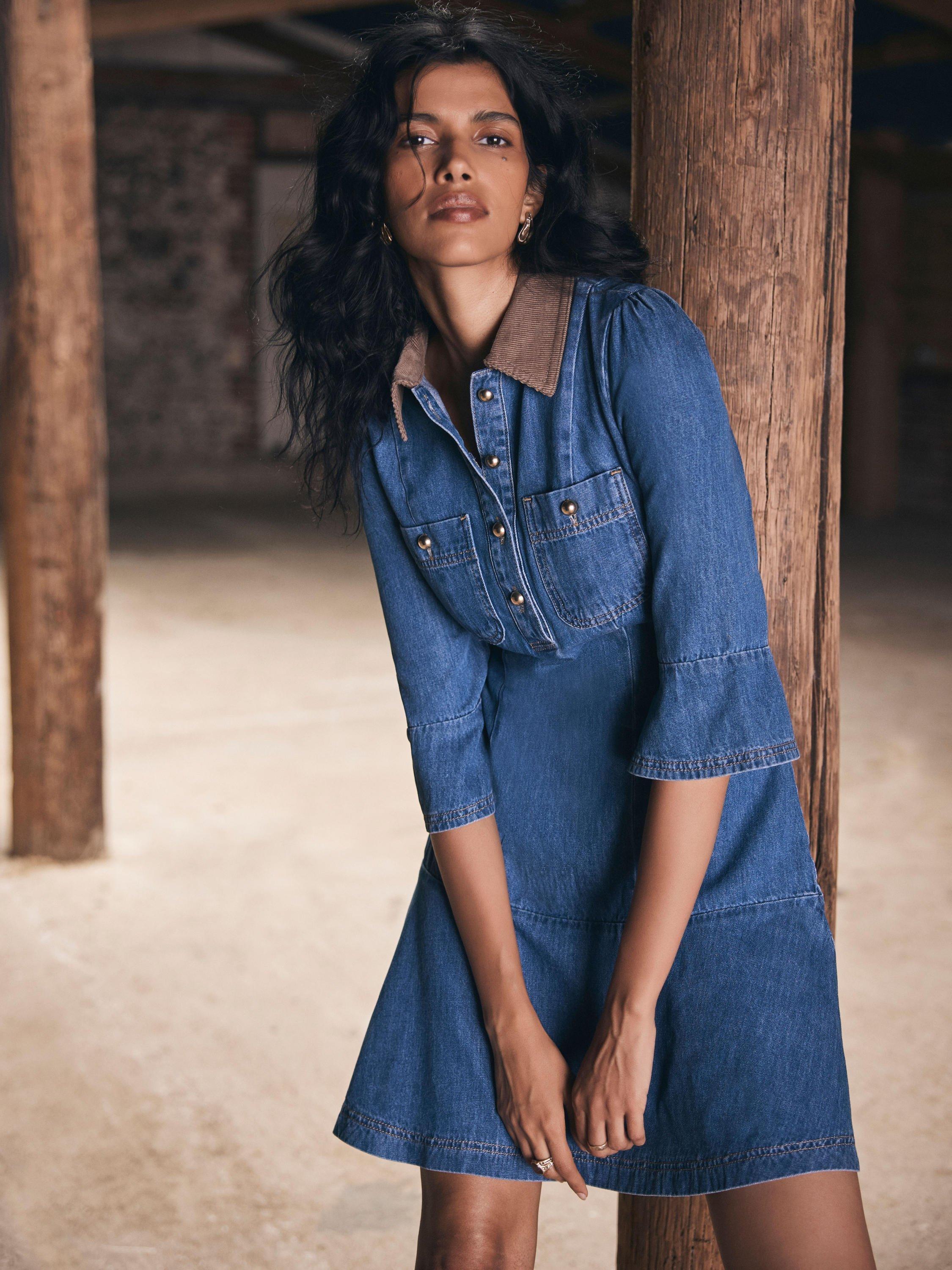 Product image 2 of 8, which shows Mint Velvet Contrast Collar Denim Mini Dress, Blue/Multi, 6