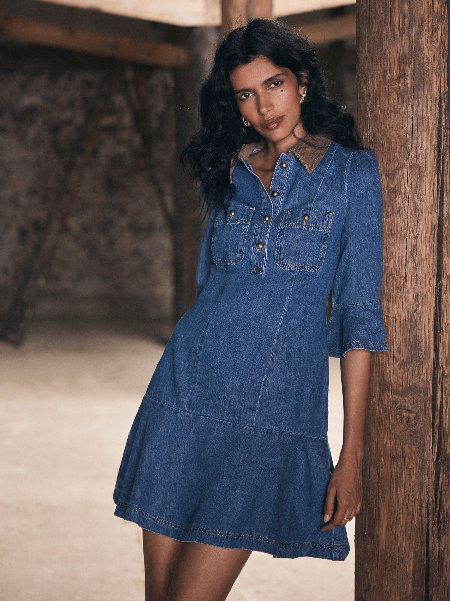 Product image 3 of 8, which shows Mint Velvet Contrast Collar Denim Mini Dress, Blue/Multi, 6