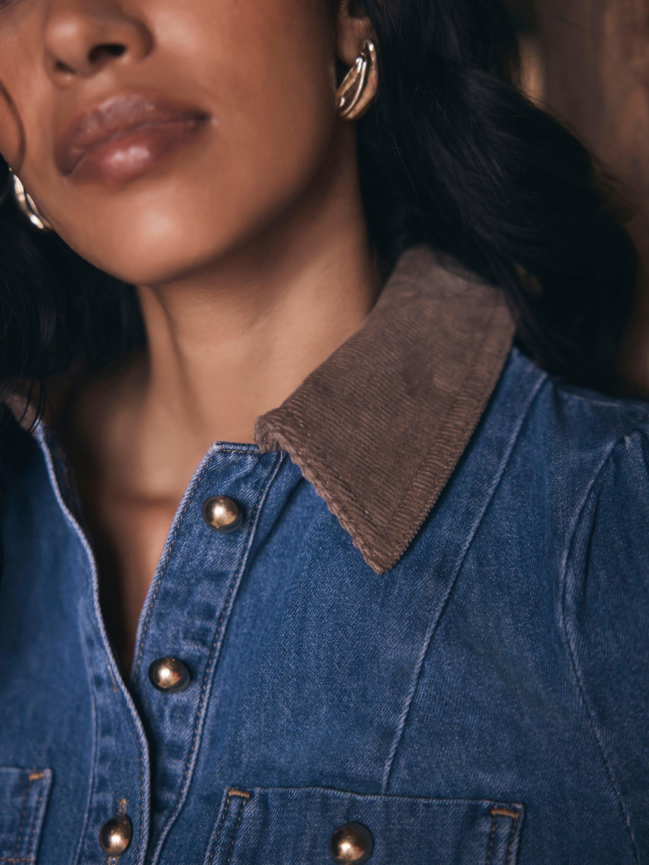 Product image 4 of 8, which shows Mint Velvet Contrast Collar Denim Mini Dress, Blue/Multi, 6