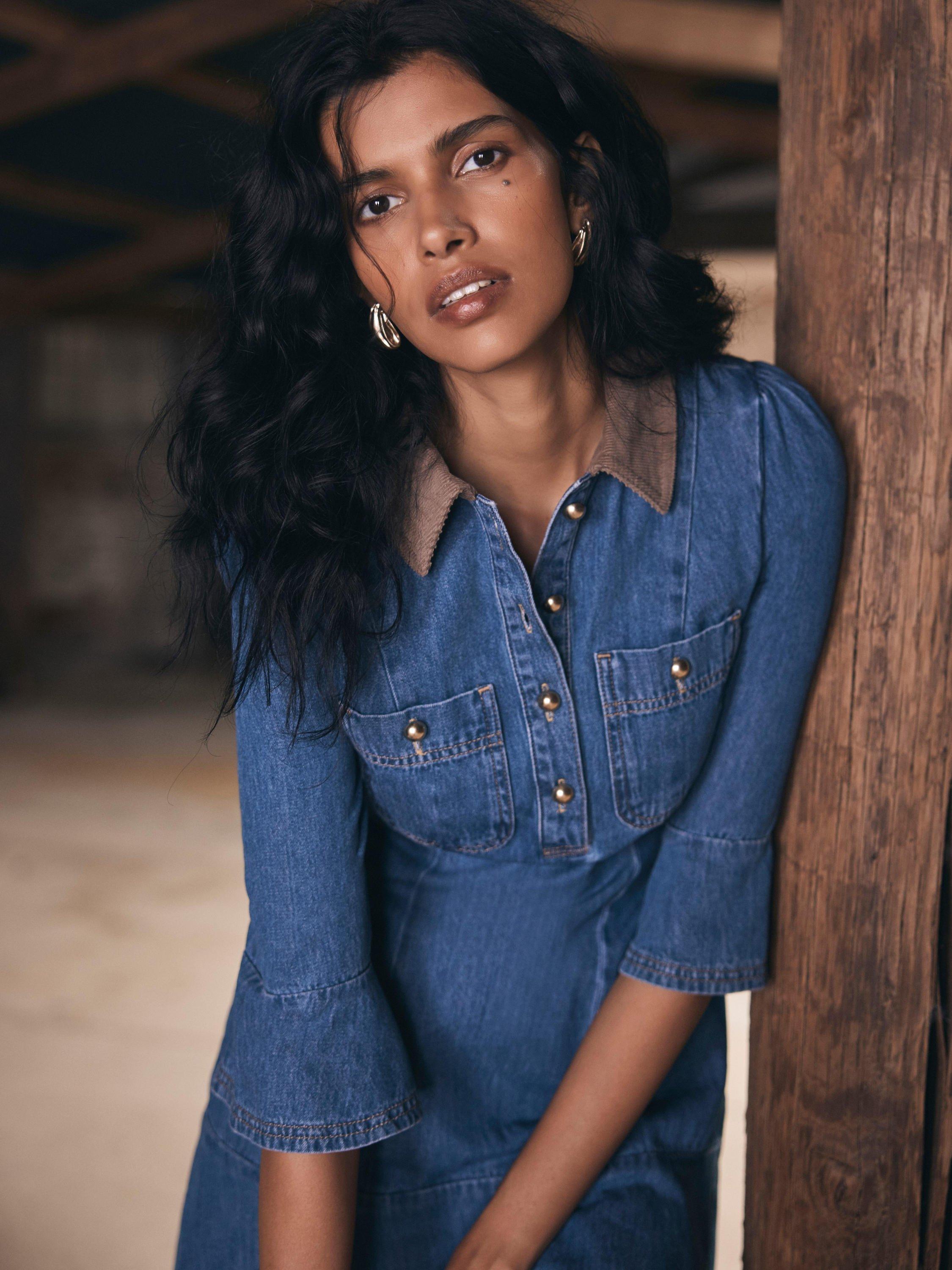 Product image 5 of 8, which shows Mint Velvet Contrast Collar Denim Mini Dress, Blue/Multi, 6