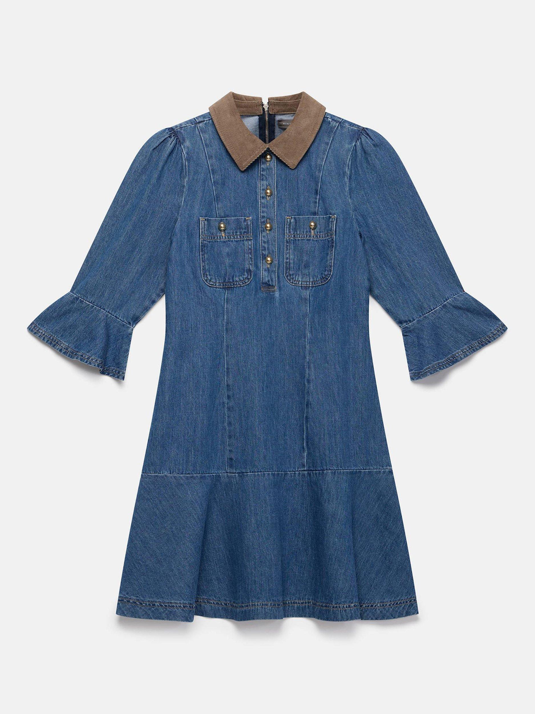 Product image 7 of 8, which shows Mint Velvet Contrast Collar Denim Mini Dress, Blue/Multi, 6
