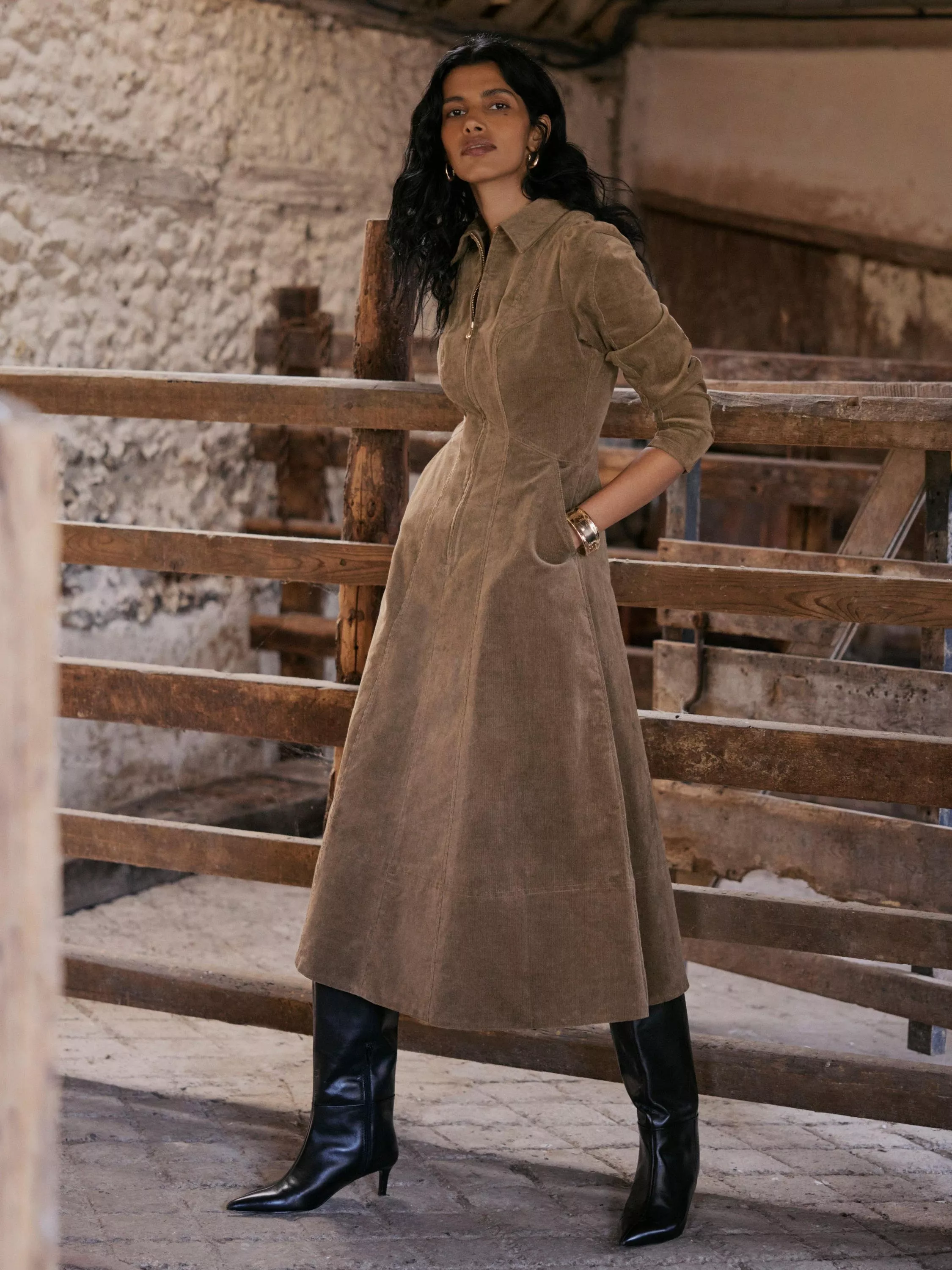 Mint Velvet Panelled Corduroy Midi Dress, Brown Camel