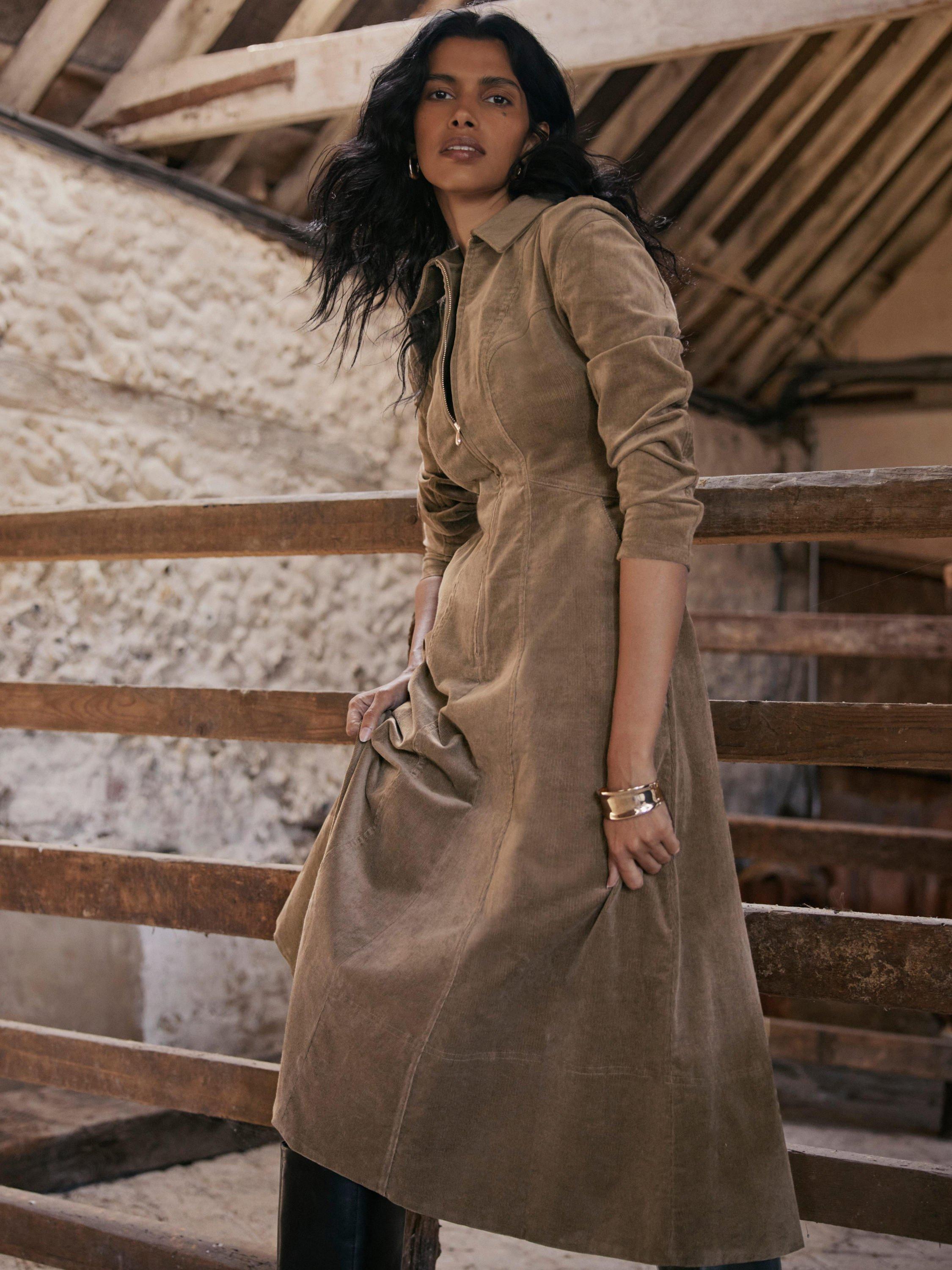 Mint Velvet Panelled Corduroy Midi Dress, Brown Camel