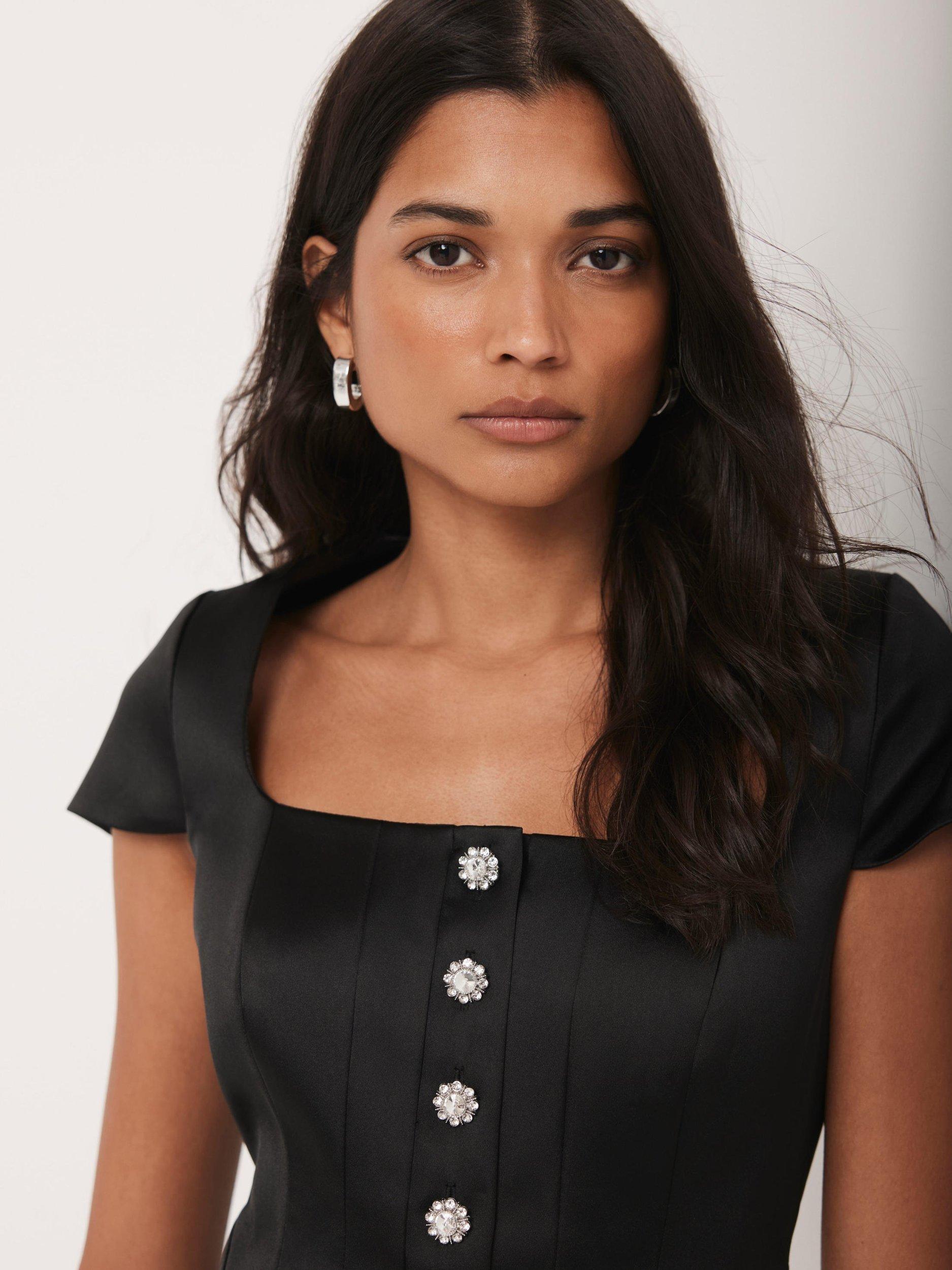 Product image 3 of 7, which shows Mint Velvet Satin Midi Dress, Black, 6