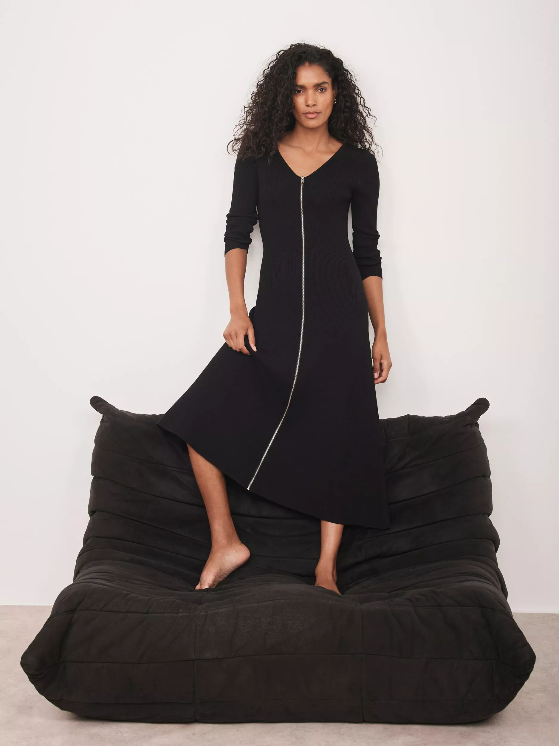 Mint Velvet Zip Rib Knit Maxi Dress, Black