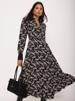 Mint Velvet Bow Print Shirt Midi Dress, Black/Multi - view 2, Black/Multi