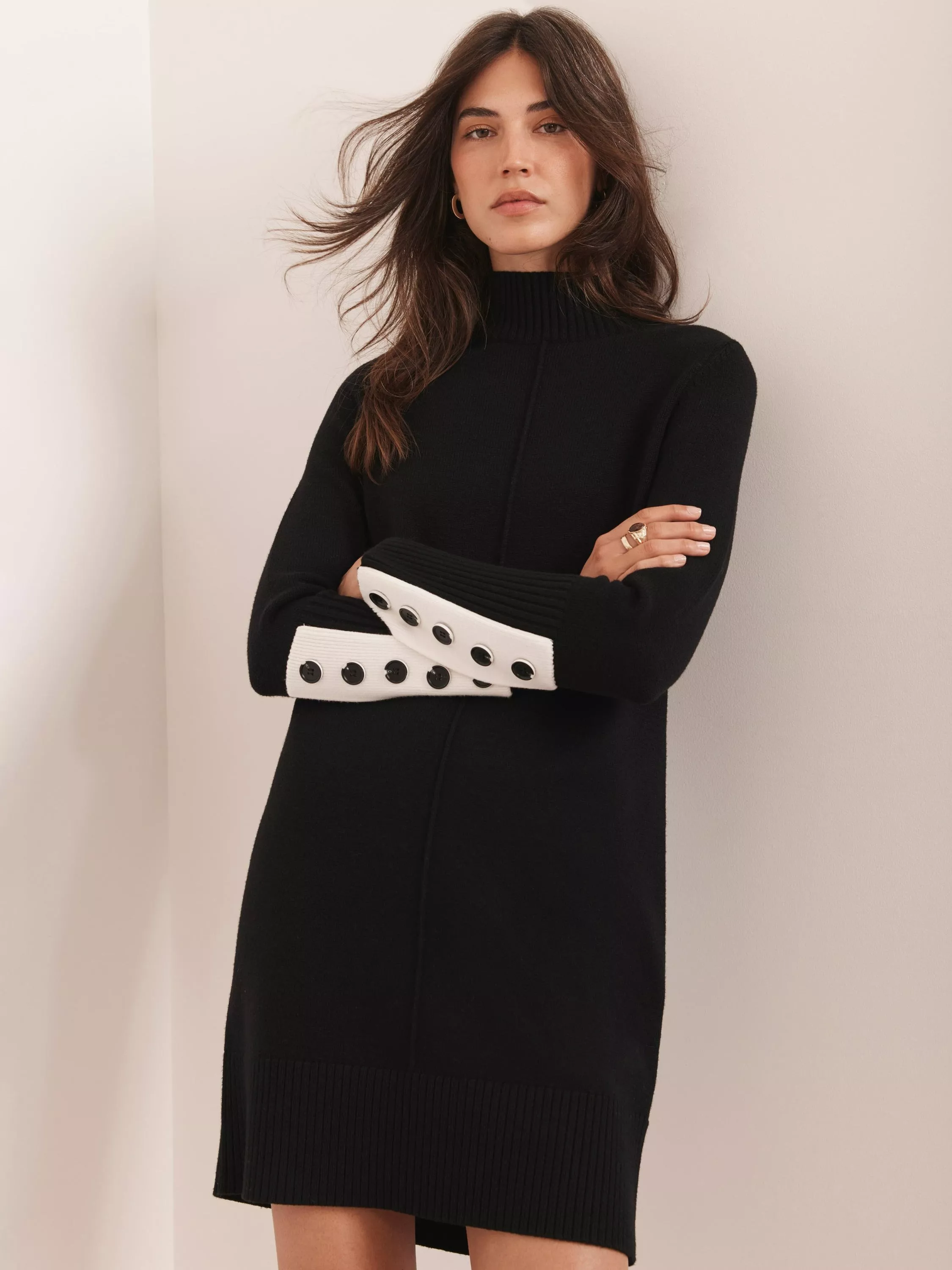 Mint Velvet Contrast Cuff Knit Mini Dress, Black