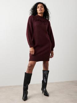 Mint Velvet Knit Bow Wool Blend Jumper Mini Dress, Red Burgundy, Red Burgundy