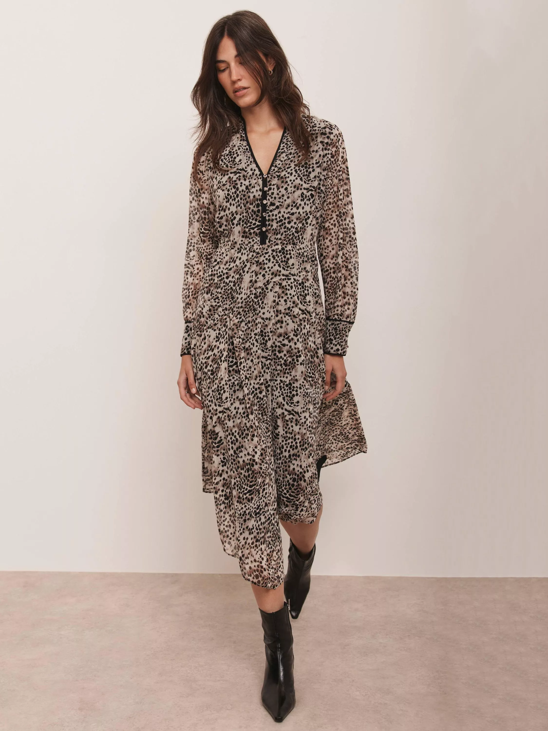 Mint Velvet Animal Print Asymmetric Midi Dress, Brown/Multi