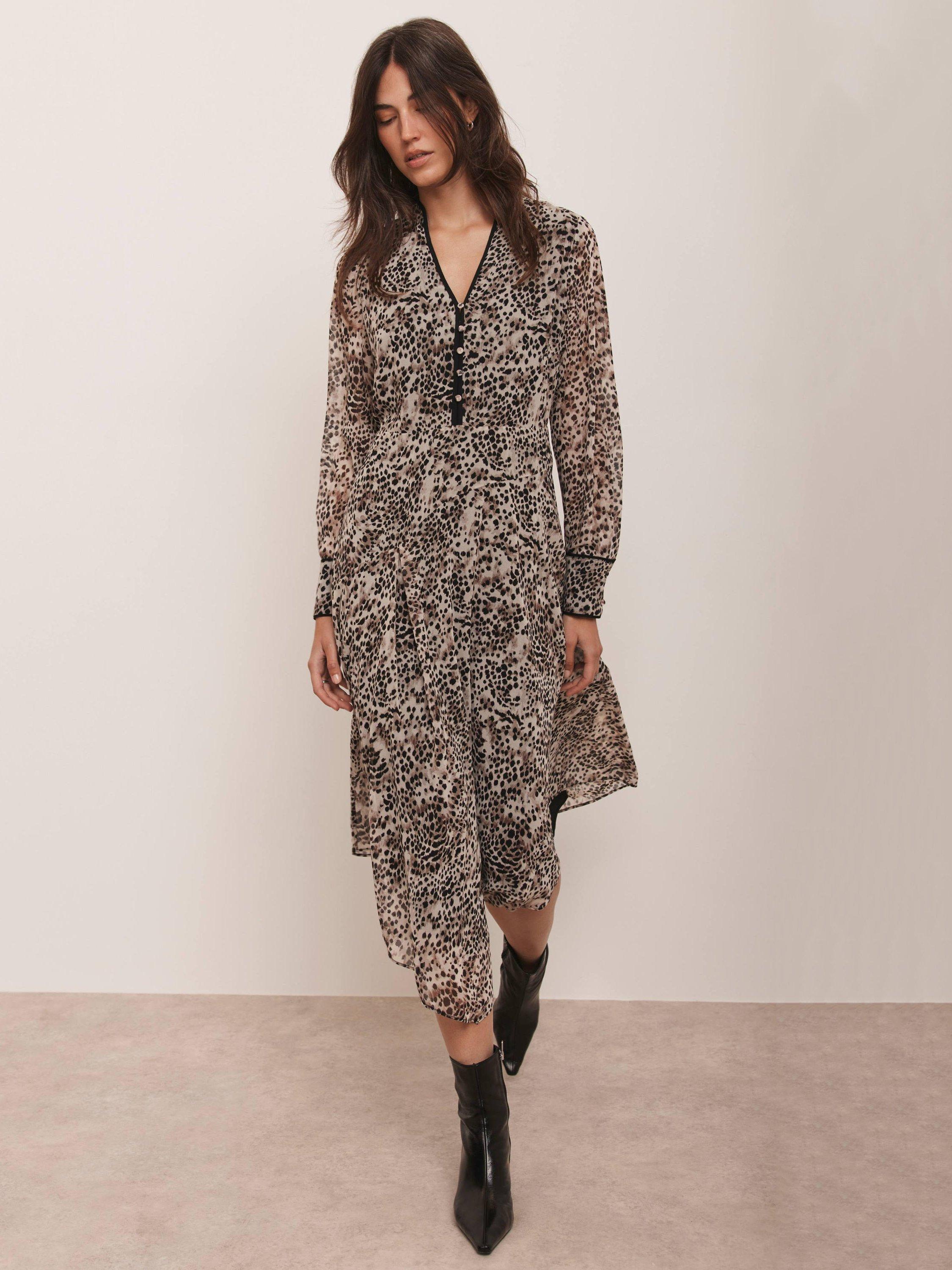 Mint Velvet Animal Print Asymmetric Midi Dress, Brown/Multi