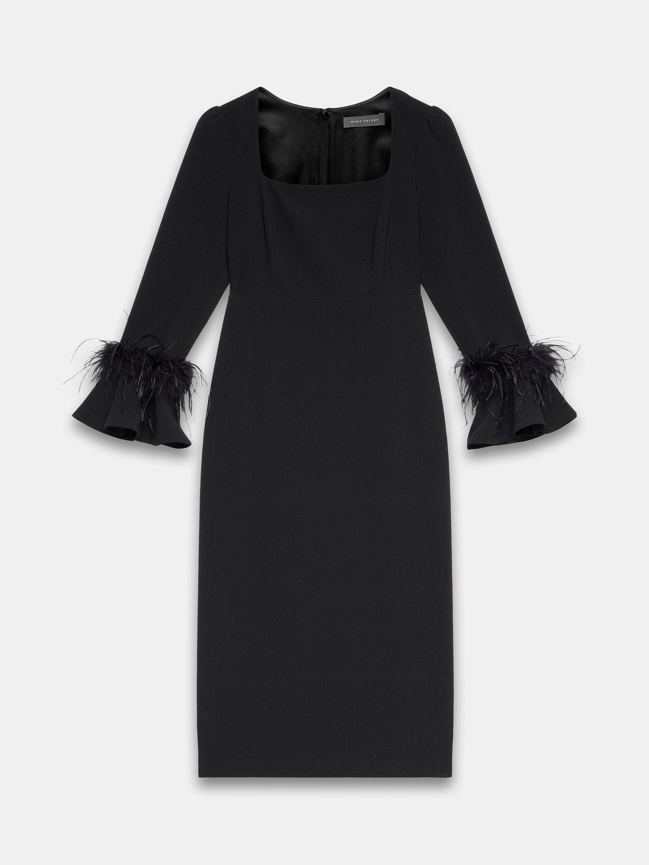 Product image 7 of 8, which shows Mint Velvet Feather Trim Midi Dress, Black, 8