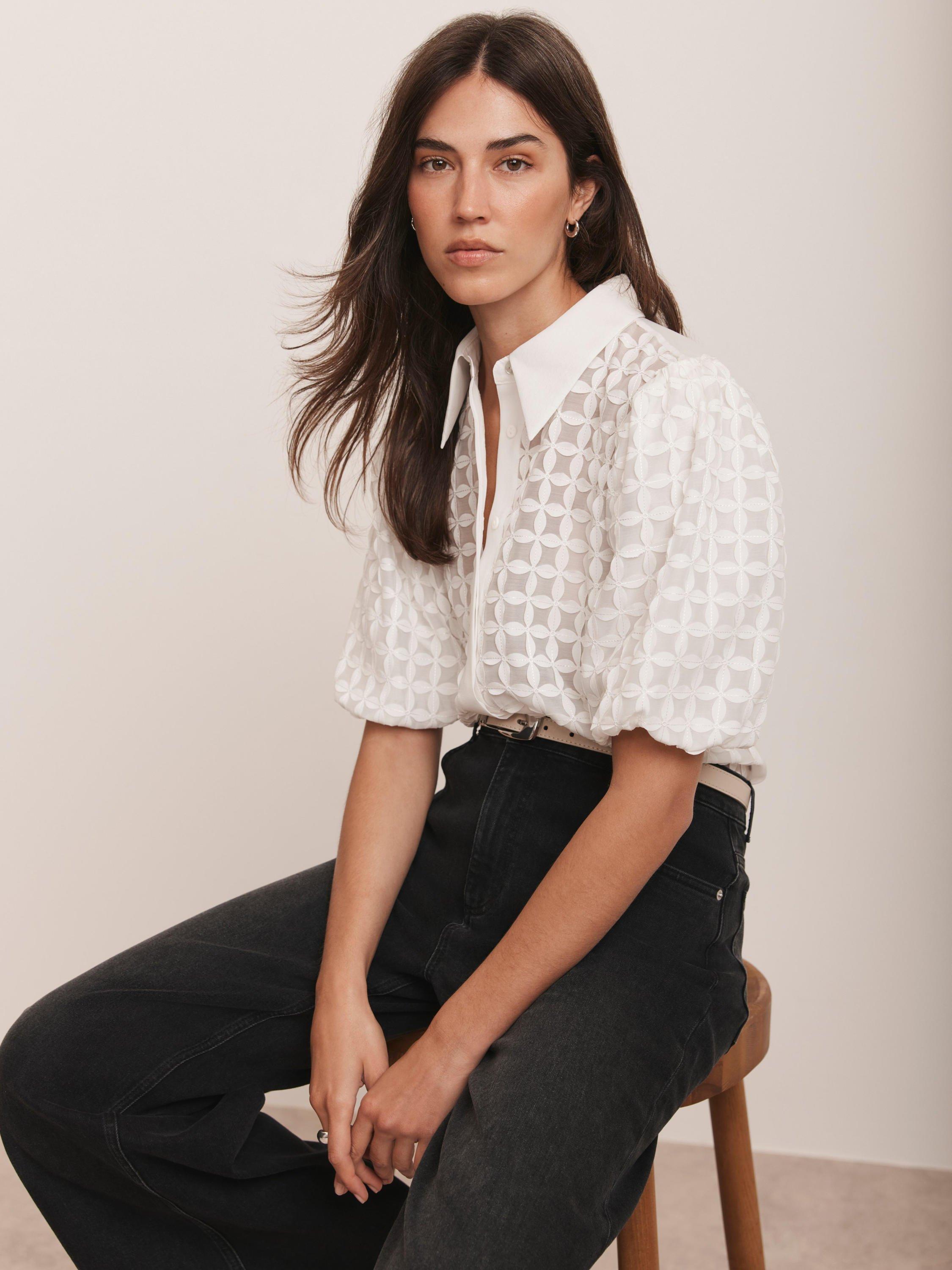 Product image 5 of 7, which shows Mint Velvet Applique Petal Shirt, Ivory, XS