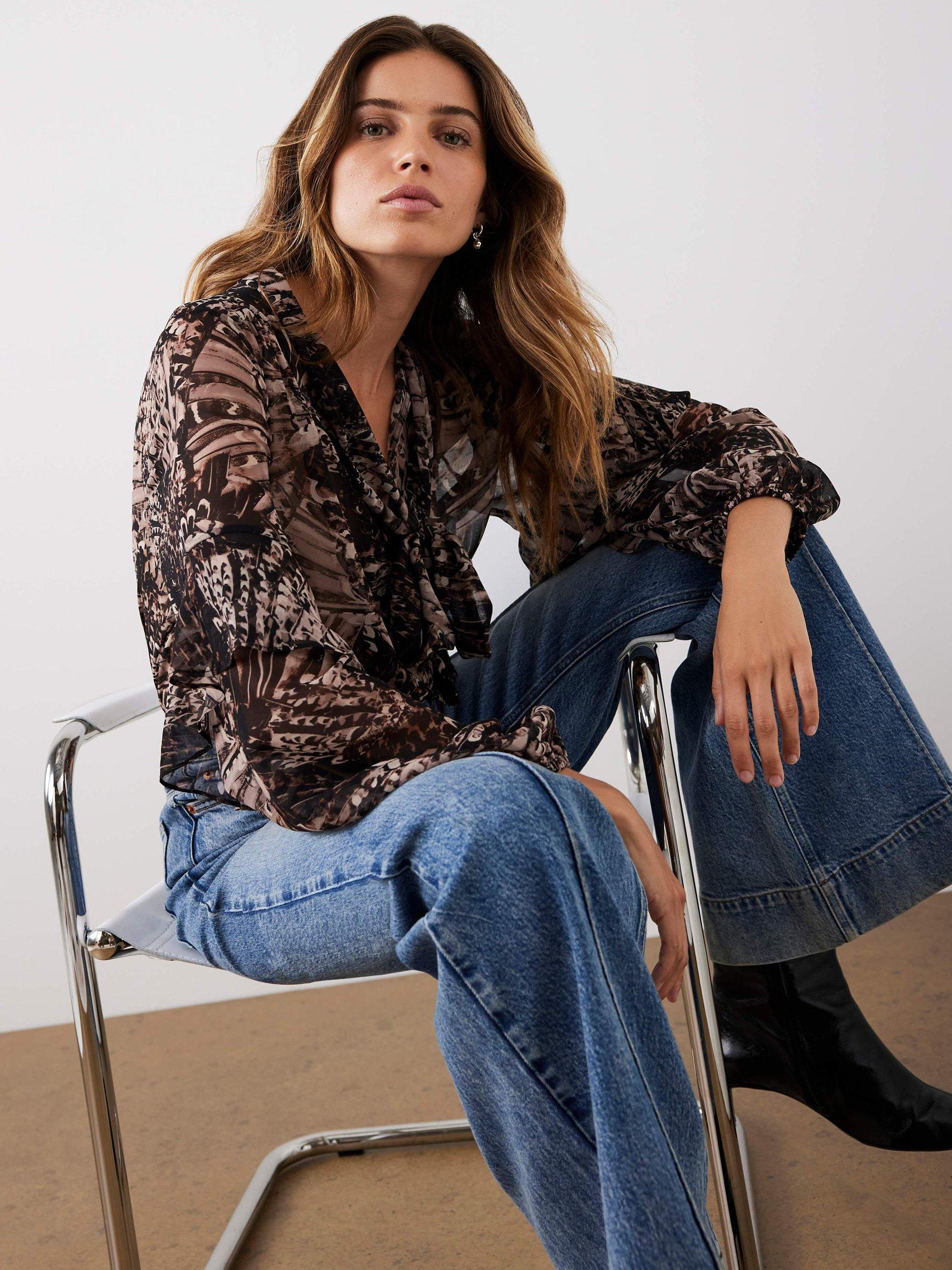 Product image 1 of 8, which shows Mint Velvet Feather Print Ruffle Blouse, Brown/Multi, S