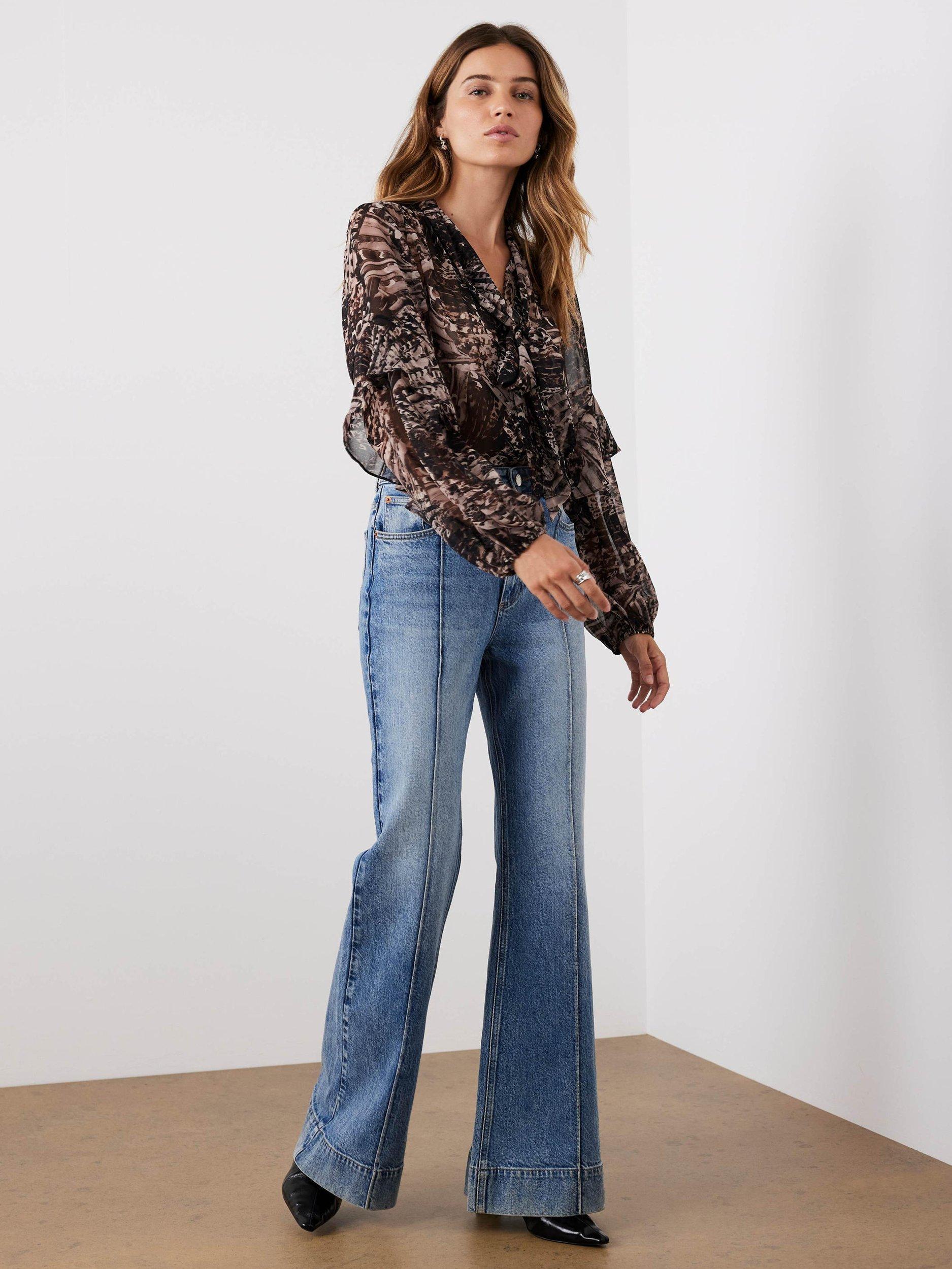 Product image 6 of 8, which shows Mint Velvet Feather Print Ruffle Blouse, Brown/Multi, S