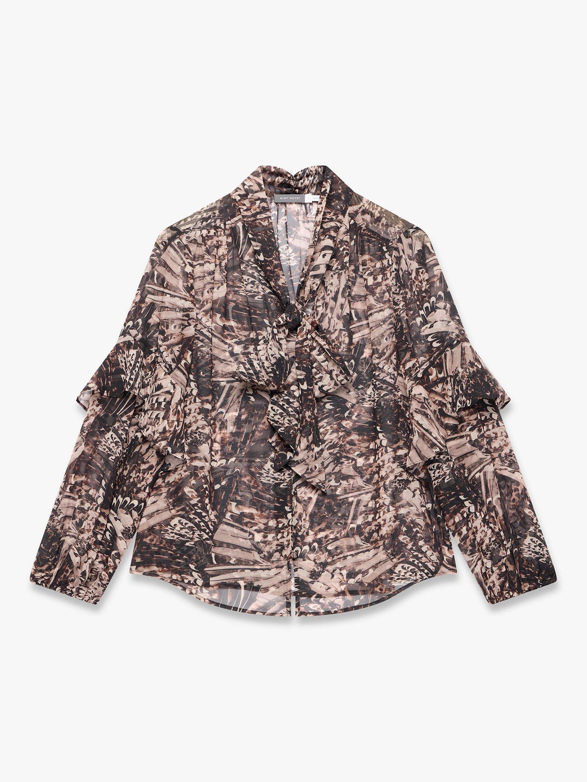 Product image 7 of 8, which shows Mint Velvet Feather Print Ruffle Blouse, Brown/Multi, S