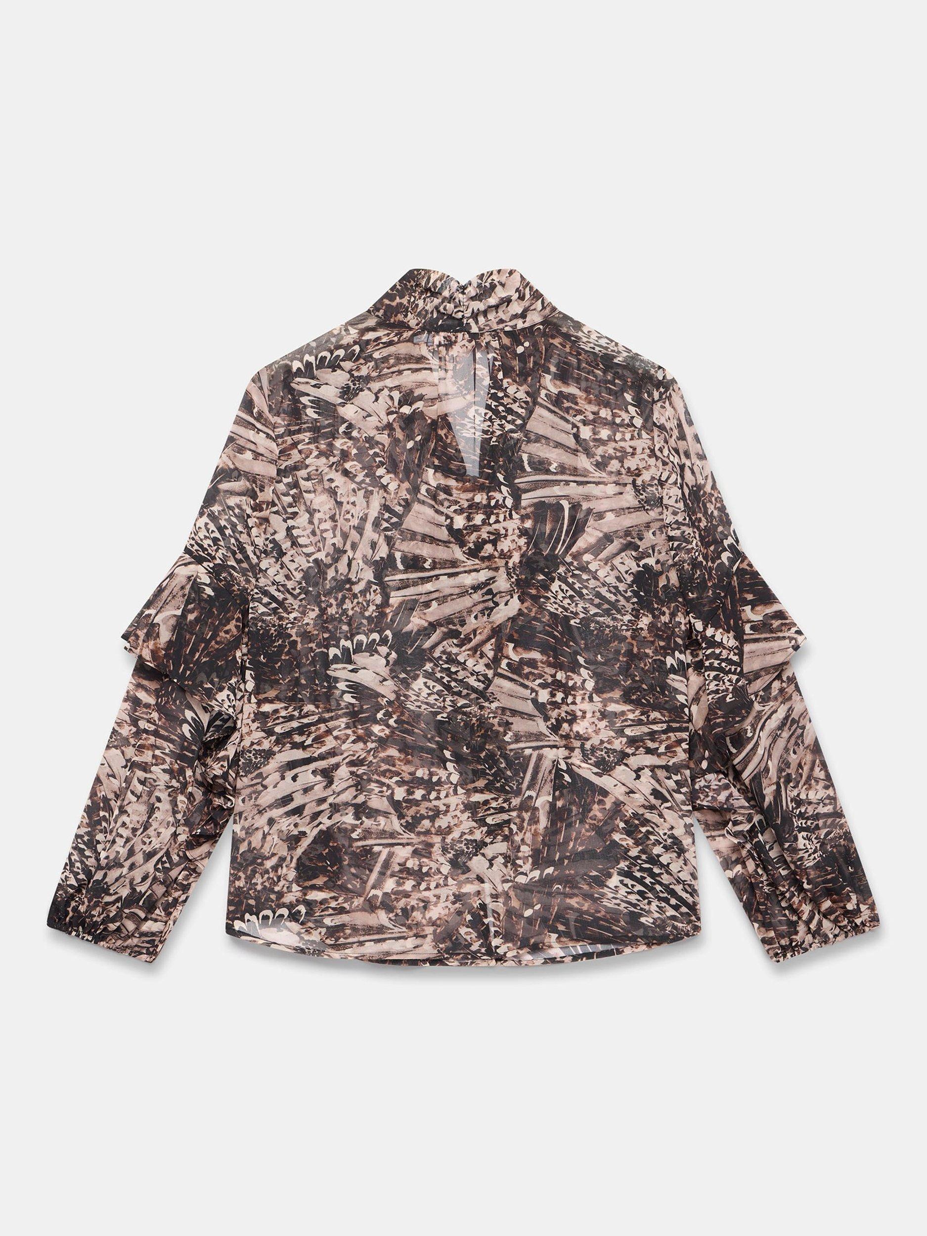 Product image 8 of 8, which shows Mint Velvet Feather Print Ruffle Blouse, Brown/Multi, S