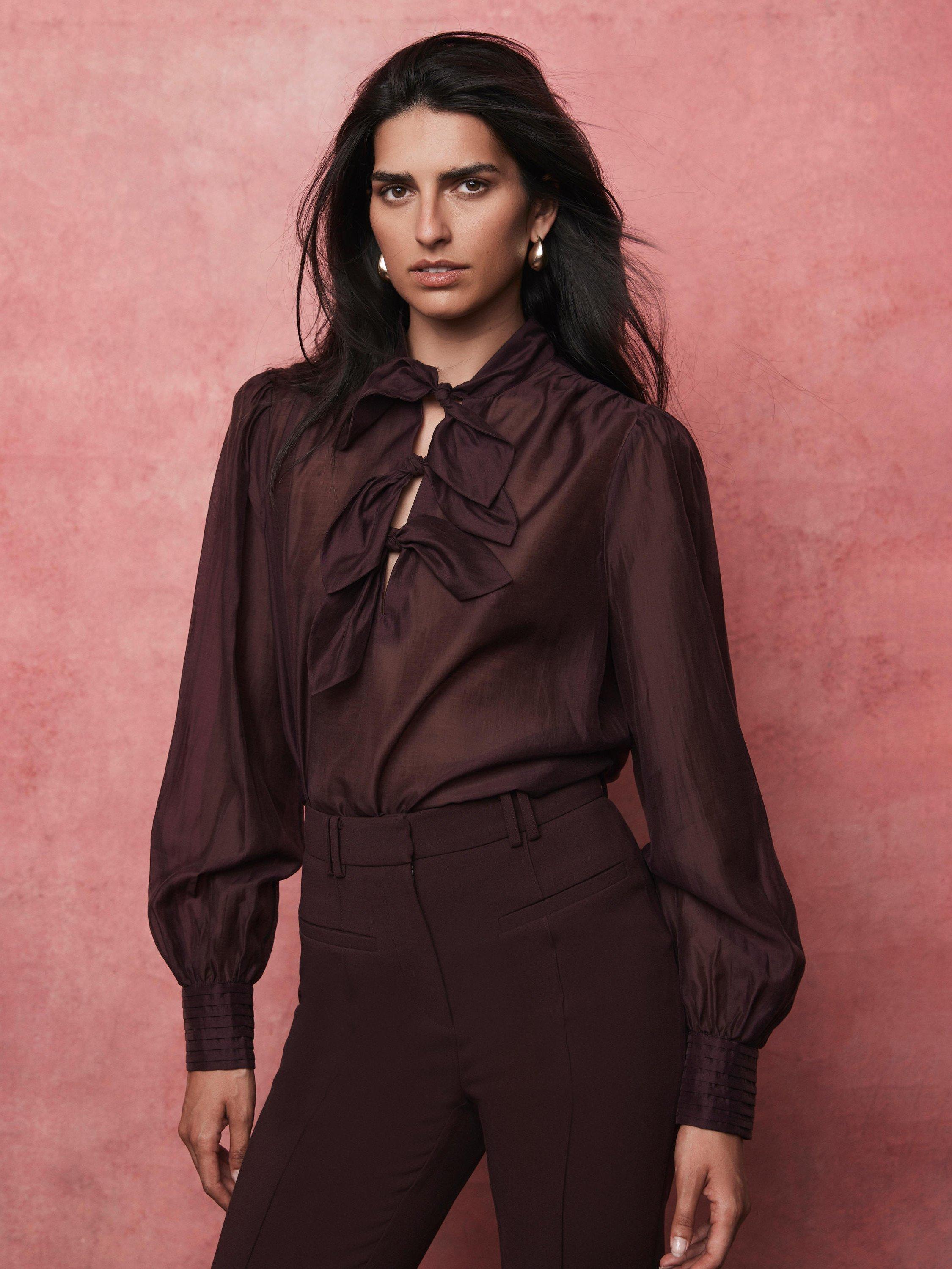 Mint Velvet Bow Detail Long Sleeve Blouse, Red Burgundy