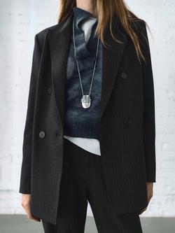 Mango Irise Stripe Double Breasted Blazer, Dark Grey