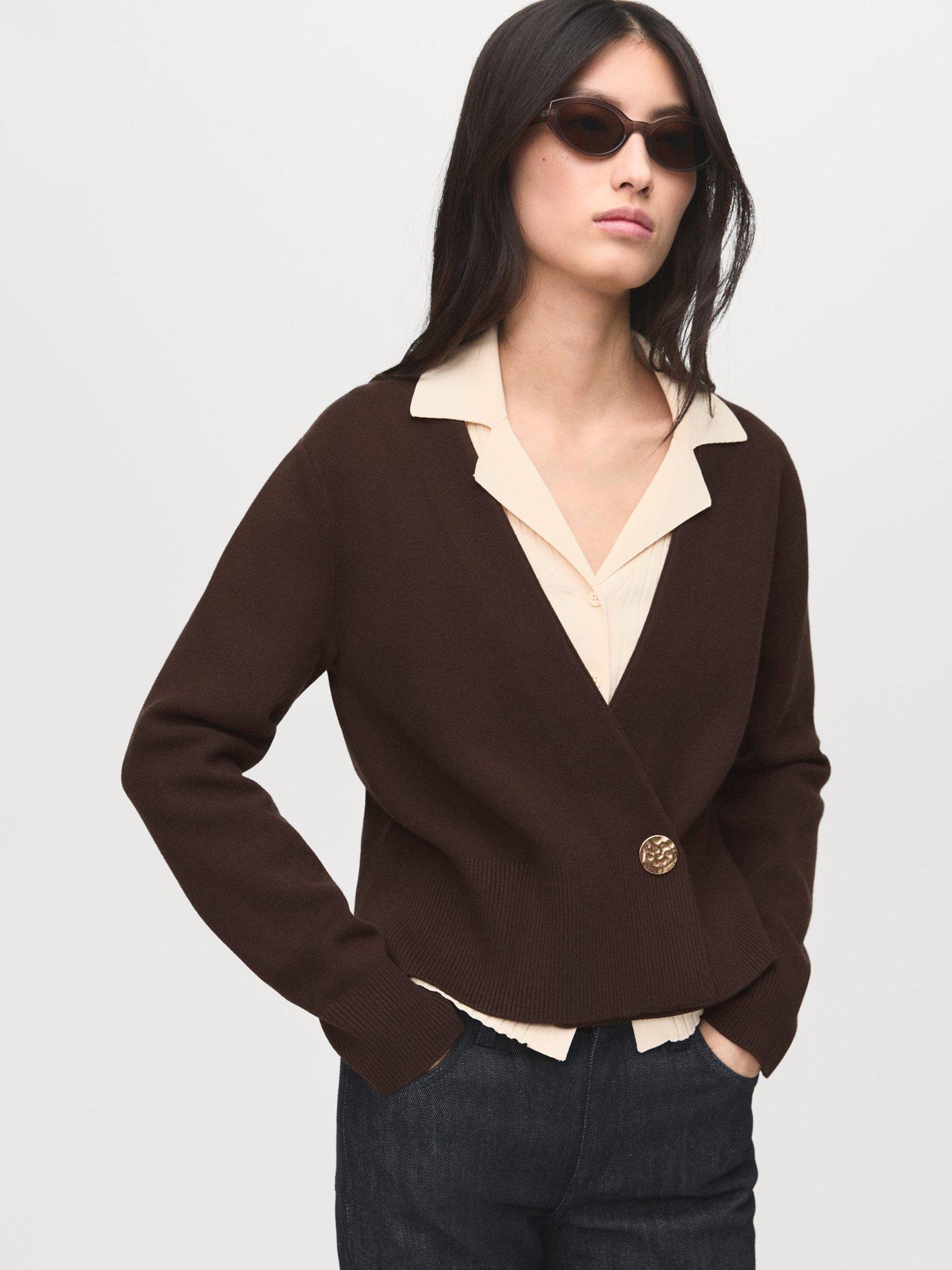 Mango Anita V Neck Cardigan, Dark Brown