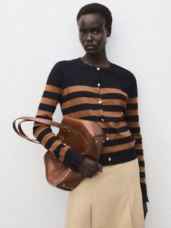 Mango Lucca Stripe Round Neck Cardigan, Medium Brown