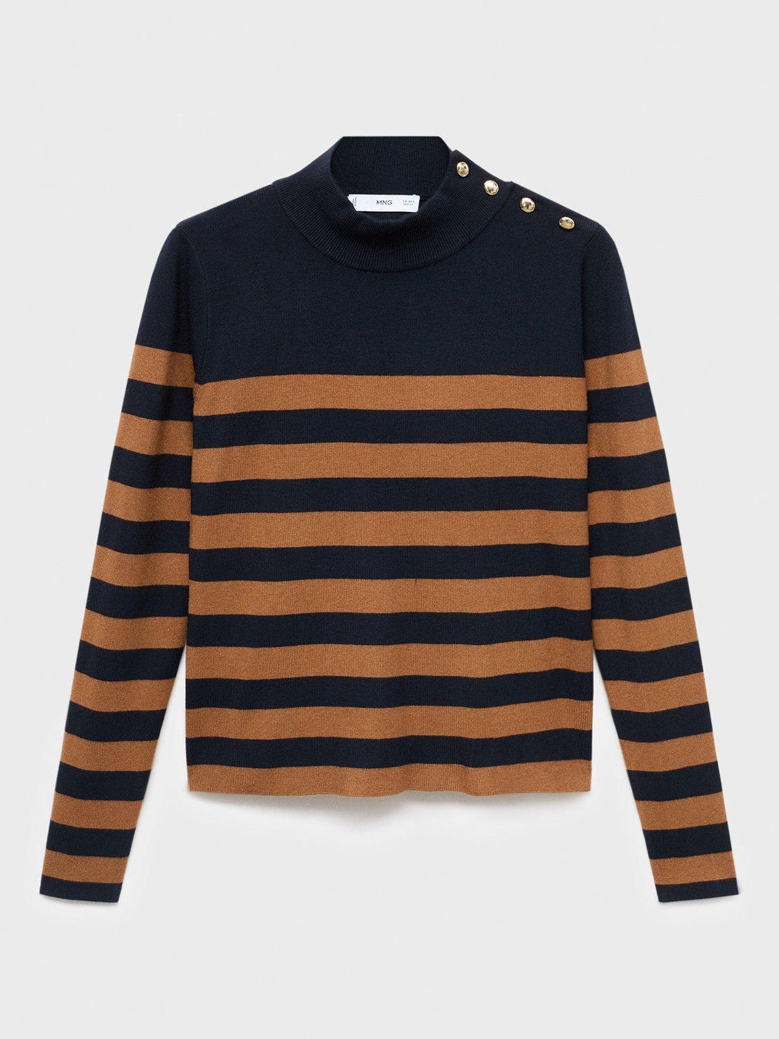 Product image 3 of 7, which shows Mango Lucca Stripe Round Neck Cardigan, Medium Brown, XS