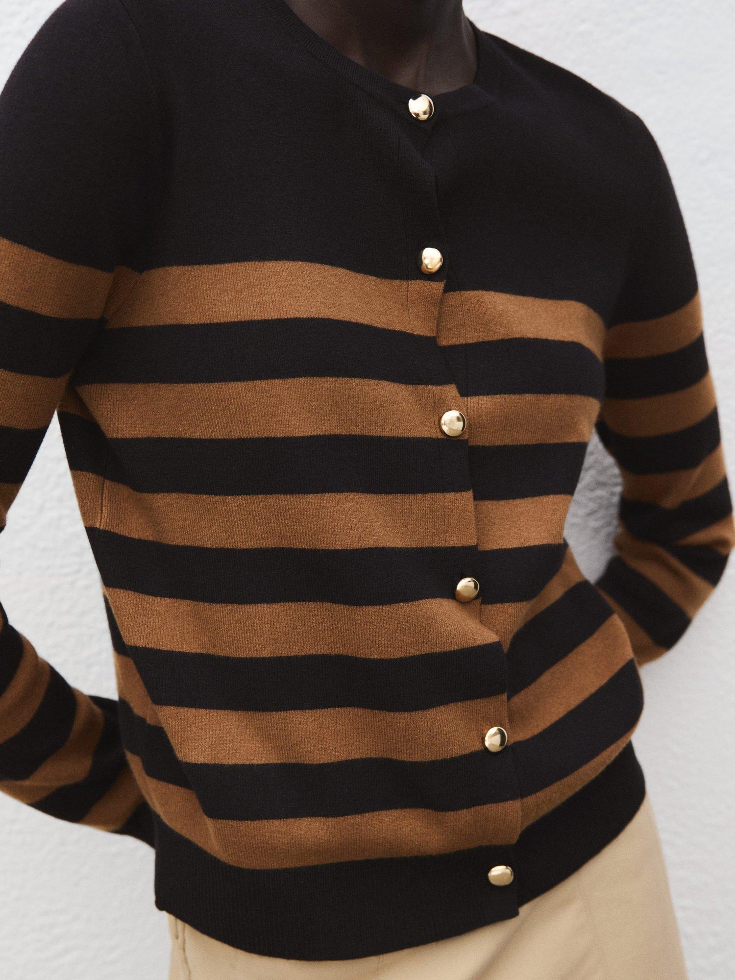 Product image 6 of 7, which shows Mango Lucca Stripe Round Neck Cardigan, Medium Brown, XS