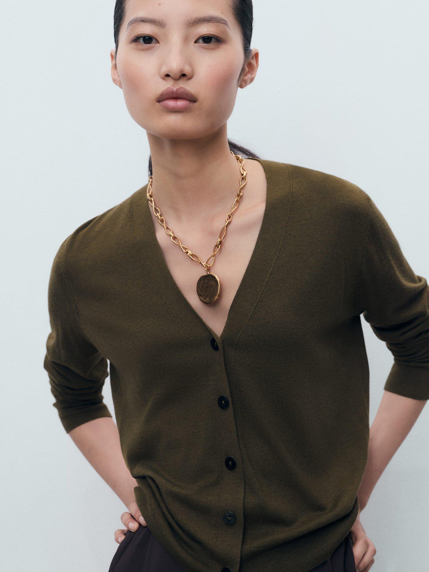 Product image 1 of 9, which shows Mango Lucca V-Neck Cardigan, Khaki, XXS