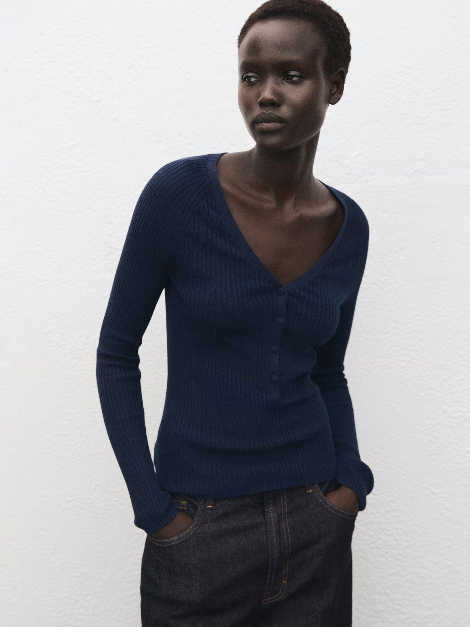 Mango Soju V-Neck Jumper, Navy