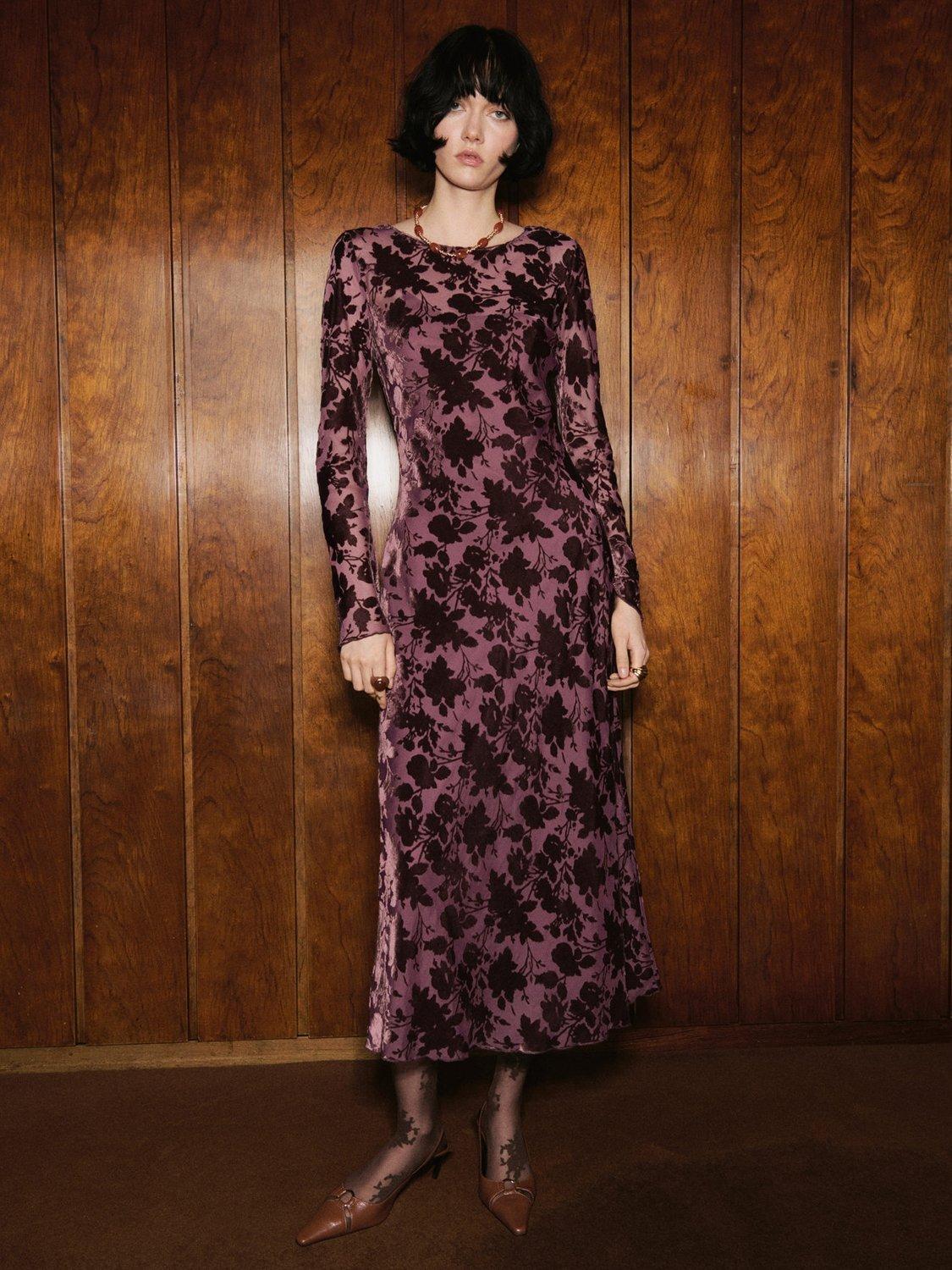 Product image 1 of 6, which shows Mango Ale Floral Jacquard Midi Dress, Dark Red, 12