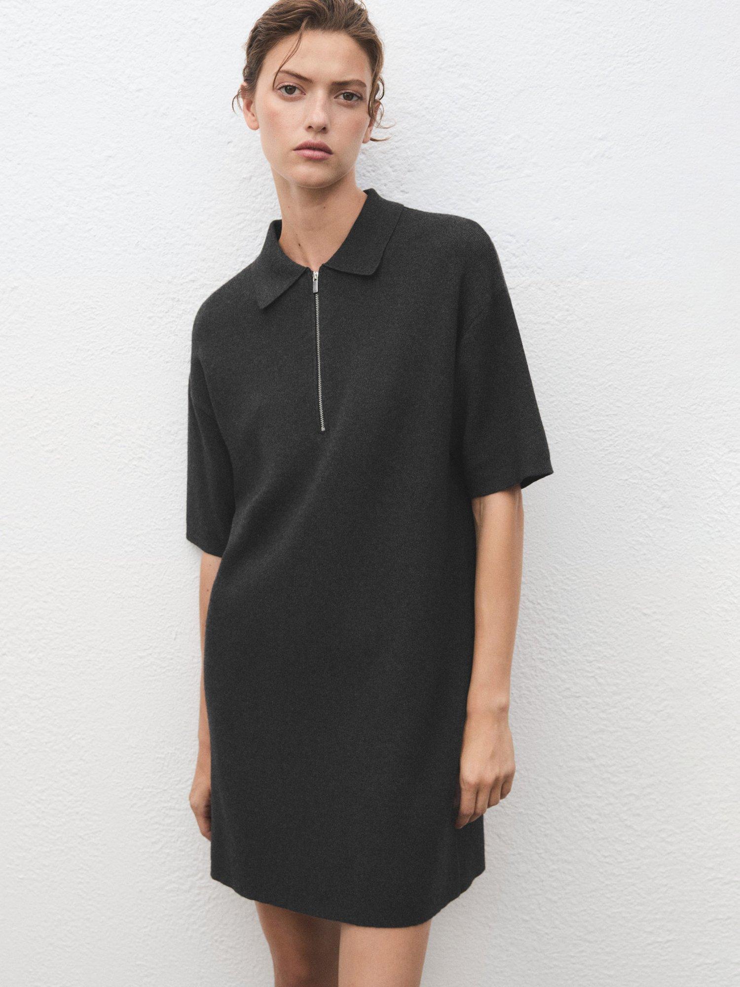 Product image 1 of 7, which shows Mango Latitis Cotton Blend Short Sleeve Collar Mini Dress, Dark Grey, 10