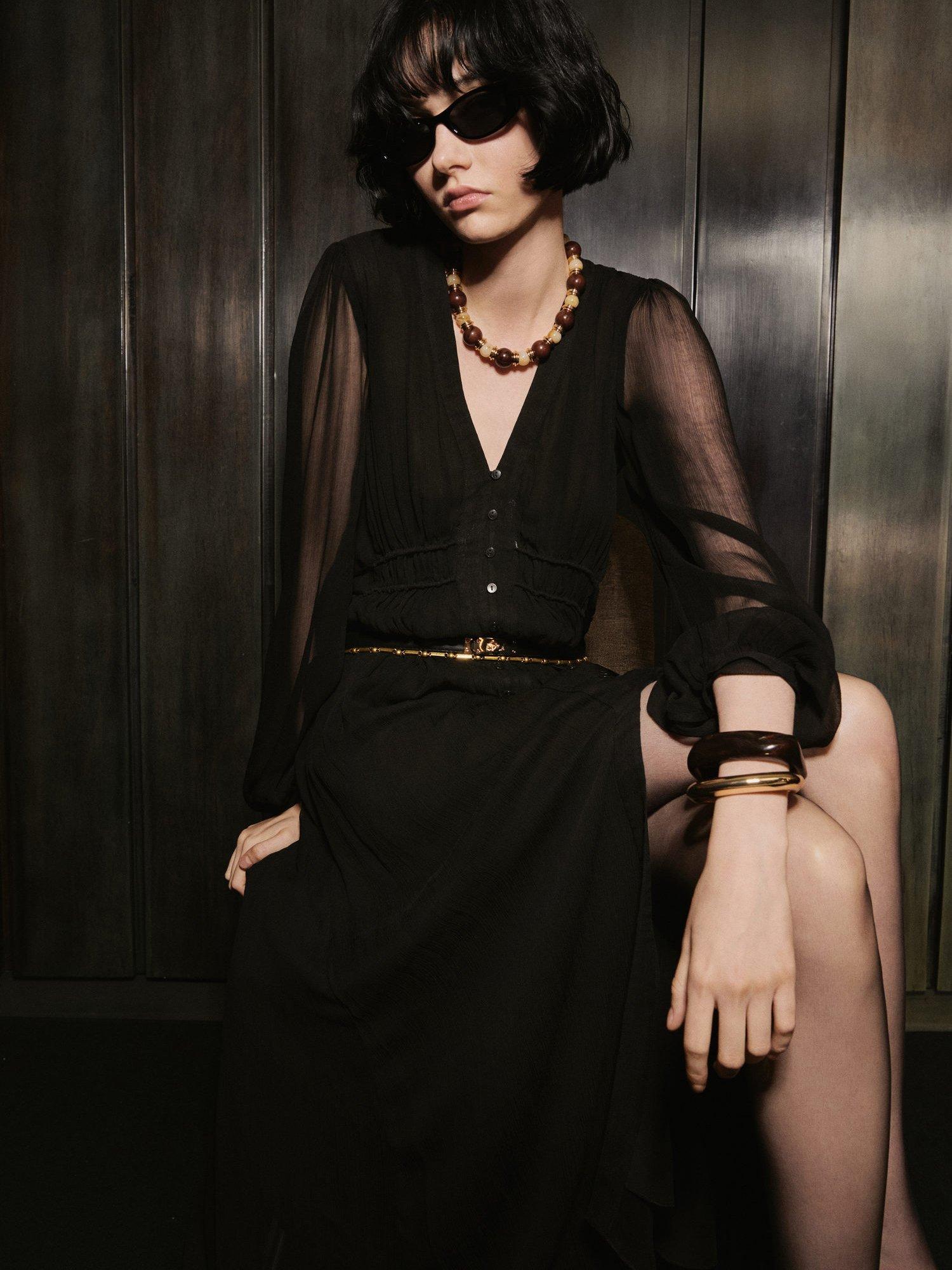 Product image 2 of 8, which shows Mango Mellow Long Sleeve V Neck Midi Dress, Black, 10