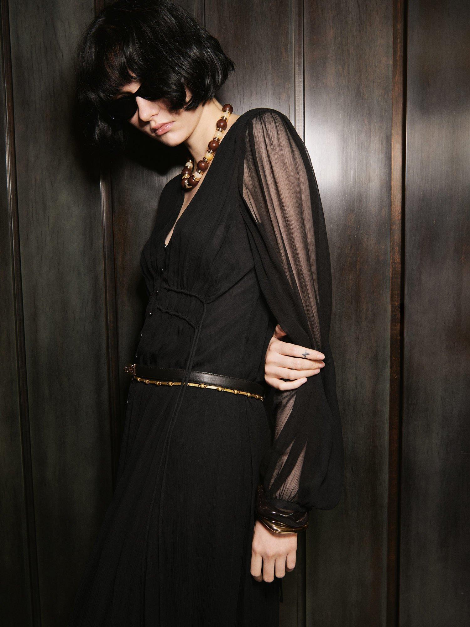 Product image 7 of 8, which shows Mango Mellow Long Sleeve V Neck Midi Dress, Black, 10