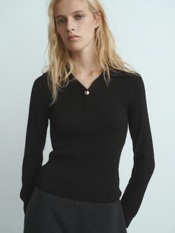 Mango Button Detail Jersey Jumper, Black, Black