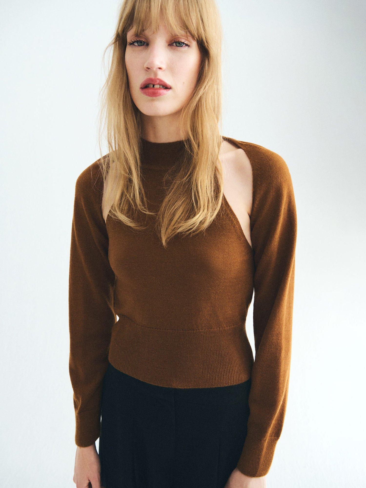Product image 1 of 7, which shows Mango Fine Knit Slash Shoulder Jumper, Medium Brown, L