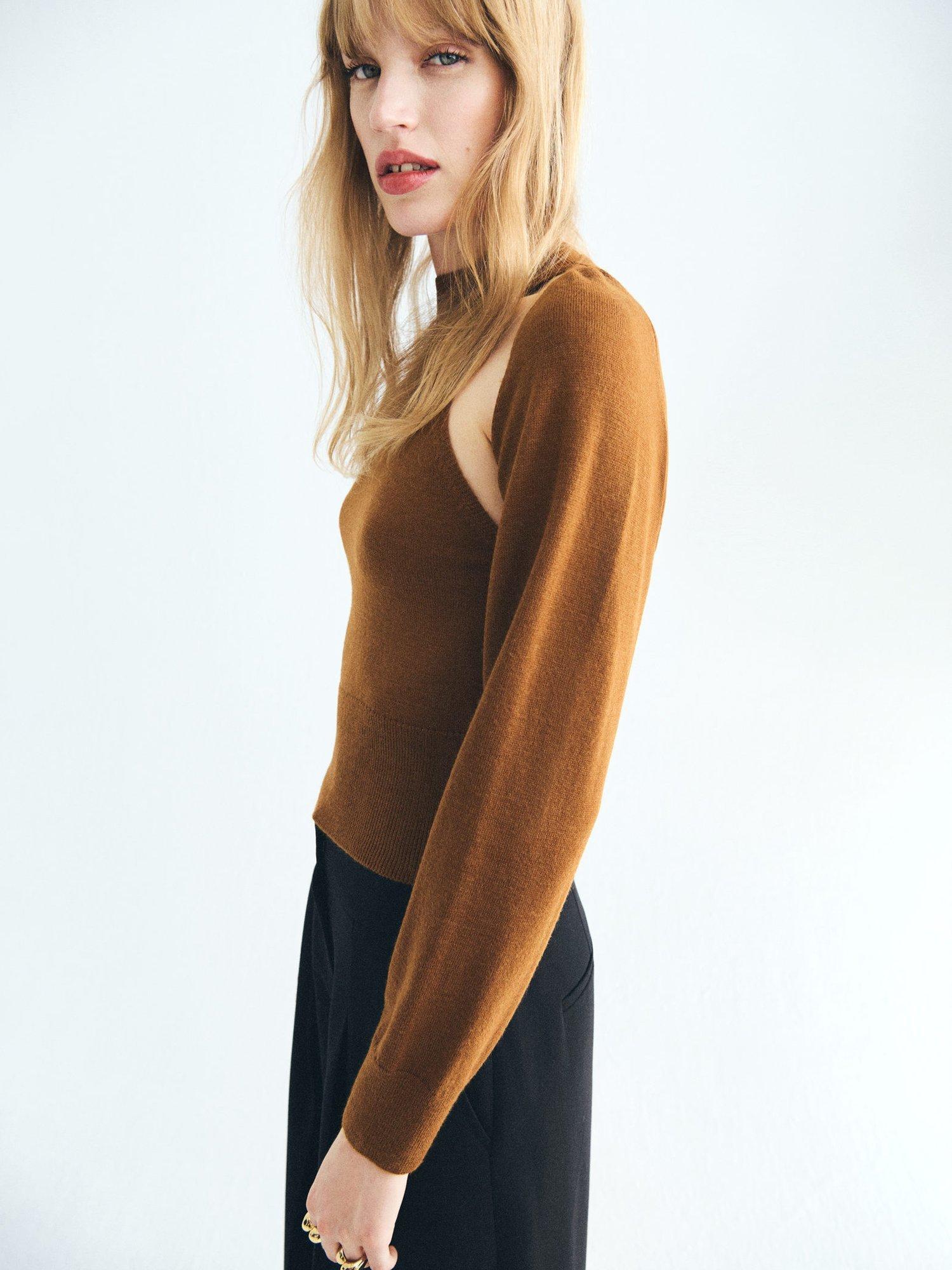 Product image 6 of 7, which shows Mango Fine Knit Slash Shoulder Jumper, Medium Brown, L