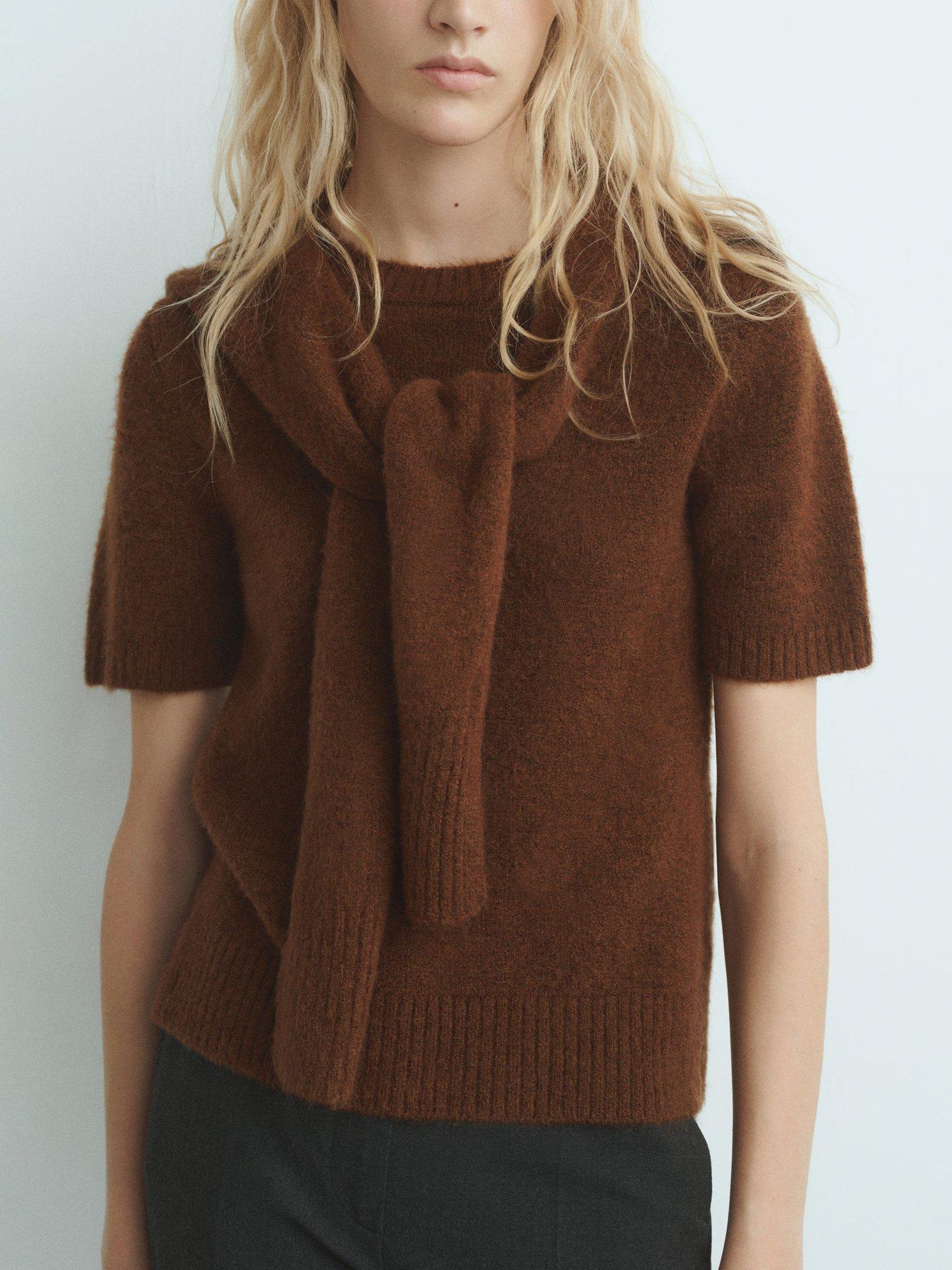 Product image 1 of 8, which shows Mango Leire Scarf Detail Jumper, Brown, XS